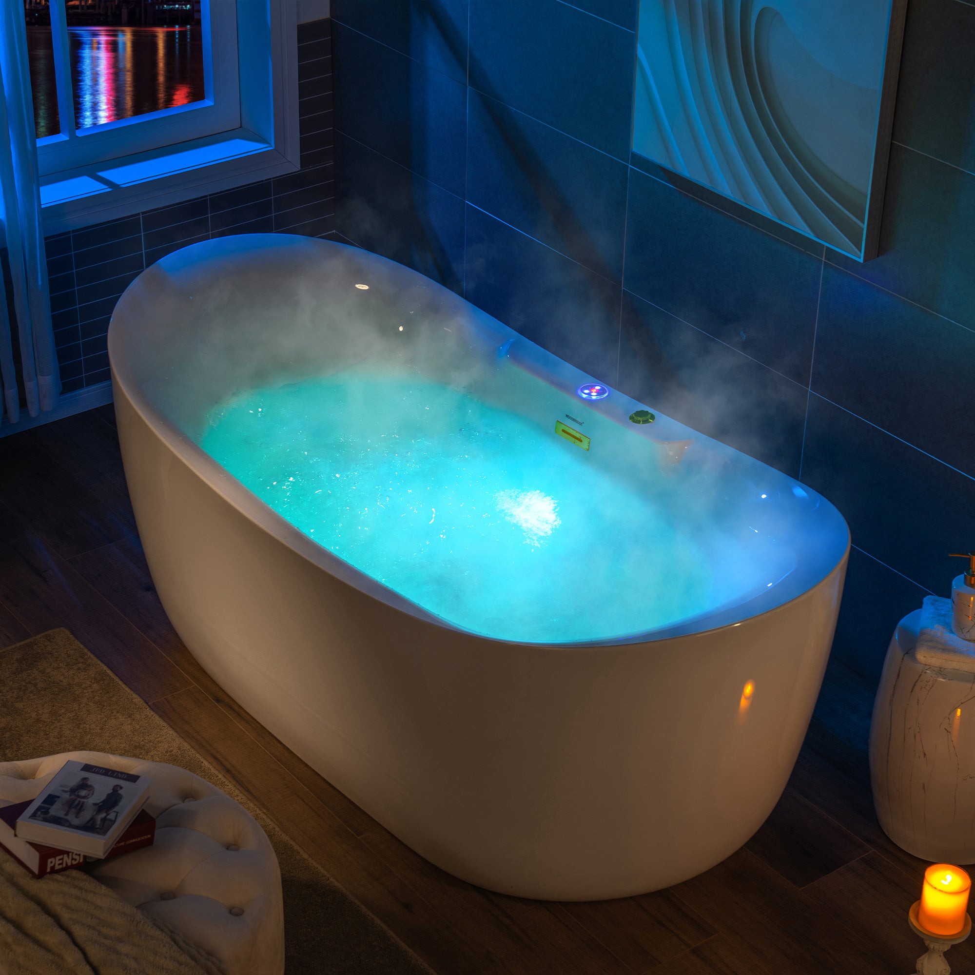 WOODBRIDGE 72" x 35-3/8" Whirlpool Water Jetted and Air Bubble Freestanding Heated Soaking Combination Bathtub with LED control panel , BJ400