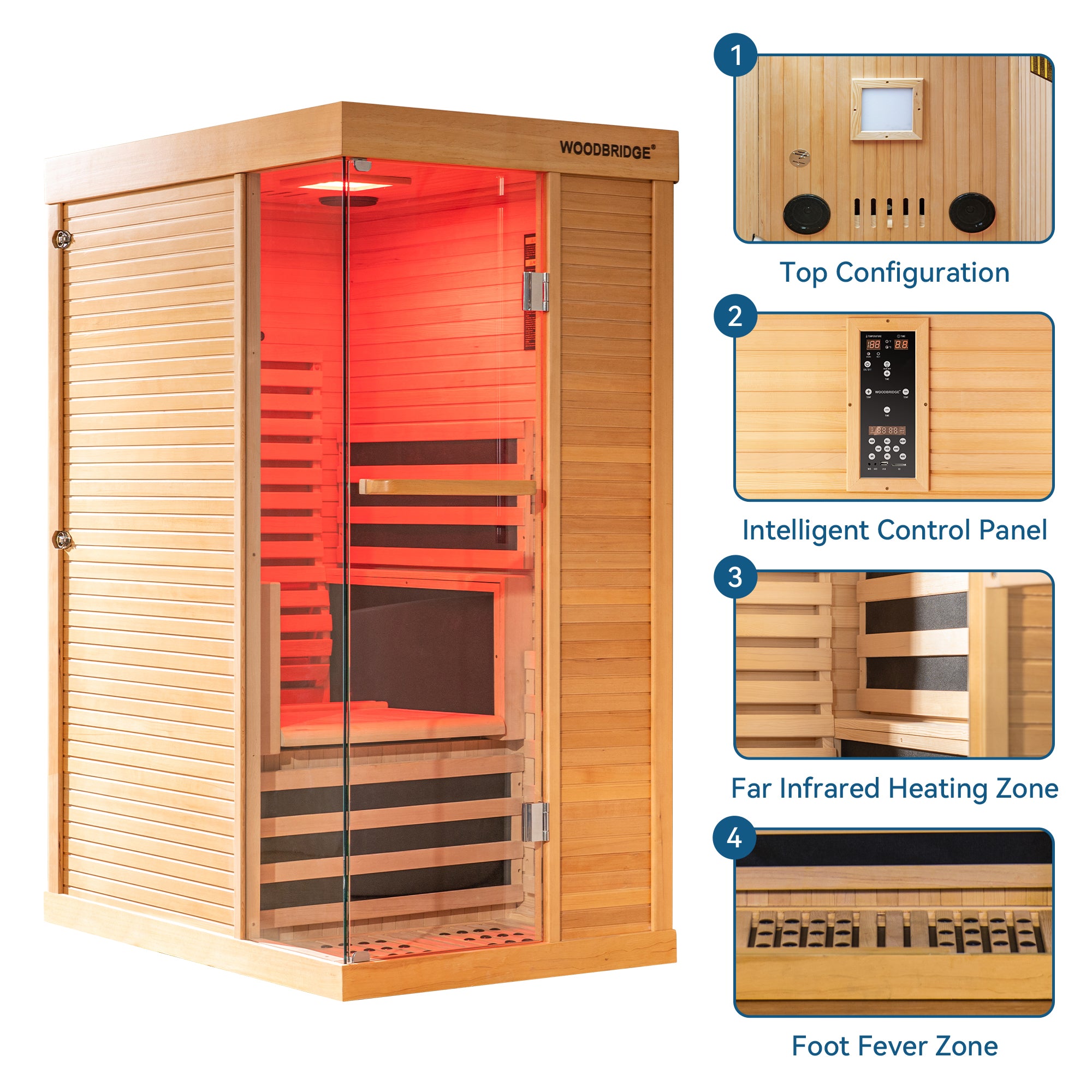 1 Person Canadian Hemlock Wood Infrared Sauna For Home With Touch-Tone Keypad, Led Color Therapy Light, Tempered Glass Door And A Top Vent