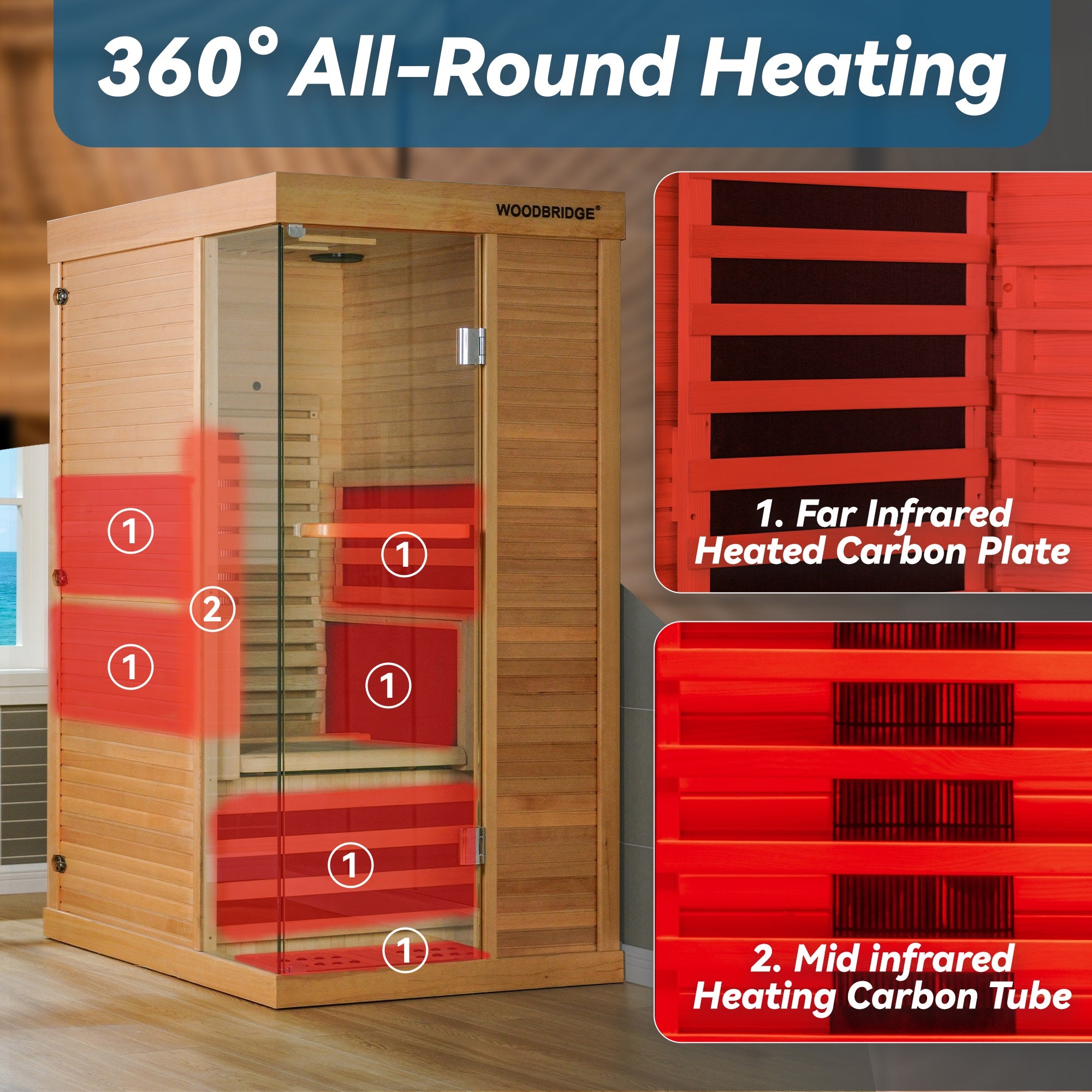 1 Person Canadian Hemlock Wood Infrared Sauna For Home With Touch-Tone Keypad, Led Color Therapy Light, Tempered Glass Door And A Top Vent