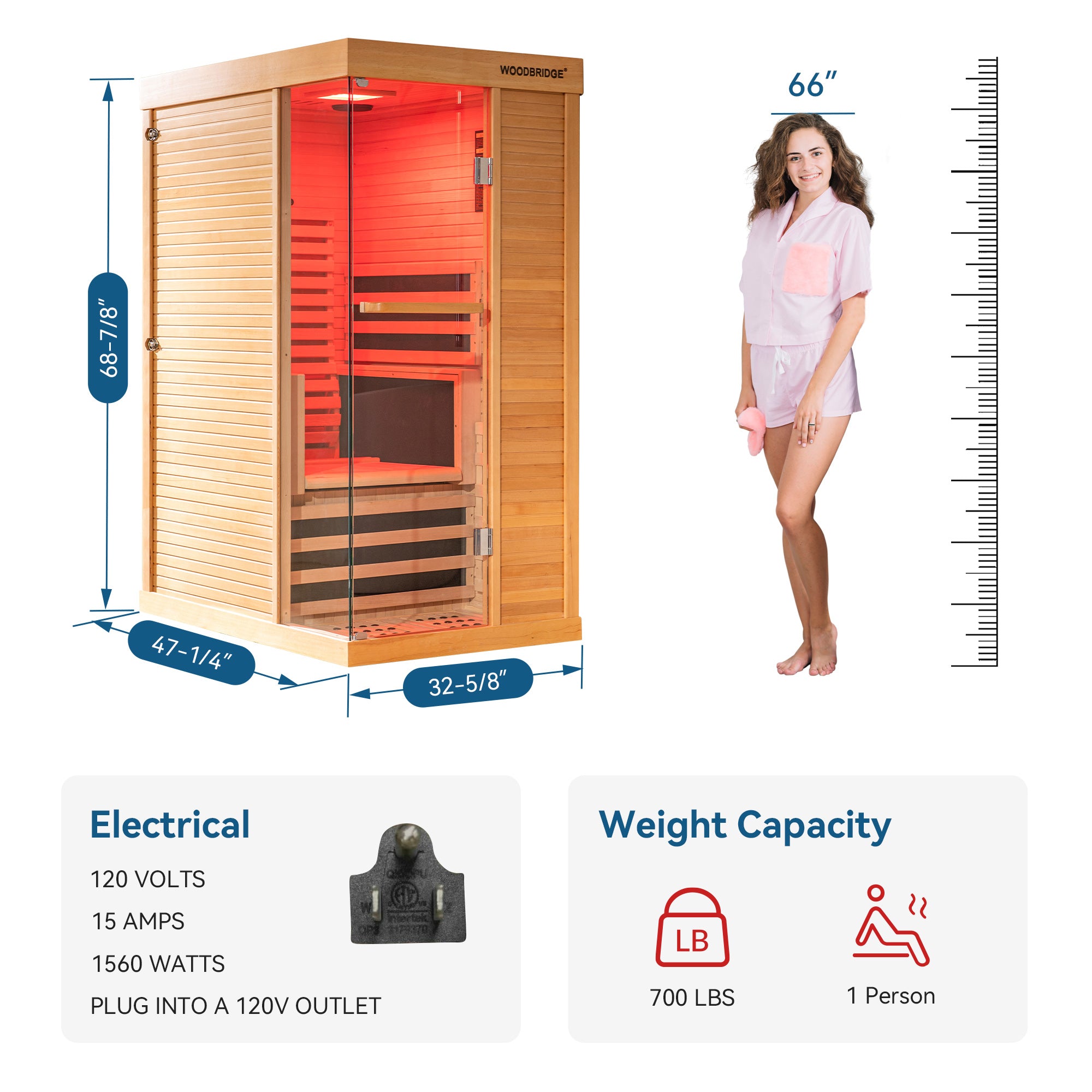 1 Person Canadian Hemlock Wood Infrared Sauna For Home With Touch-Tone Keypad, Led Color Therapy Light, Tempered Glass Door And A Top Vent