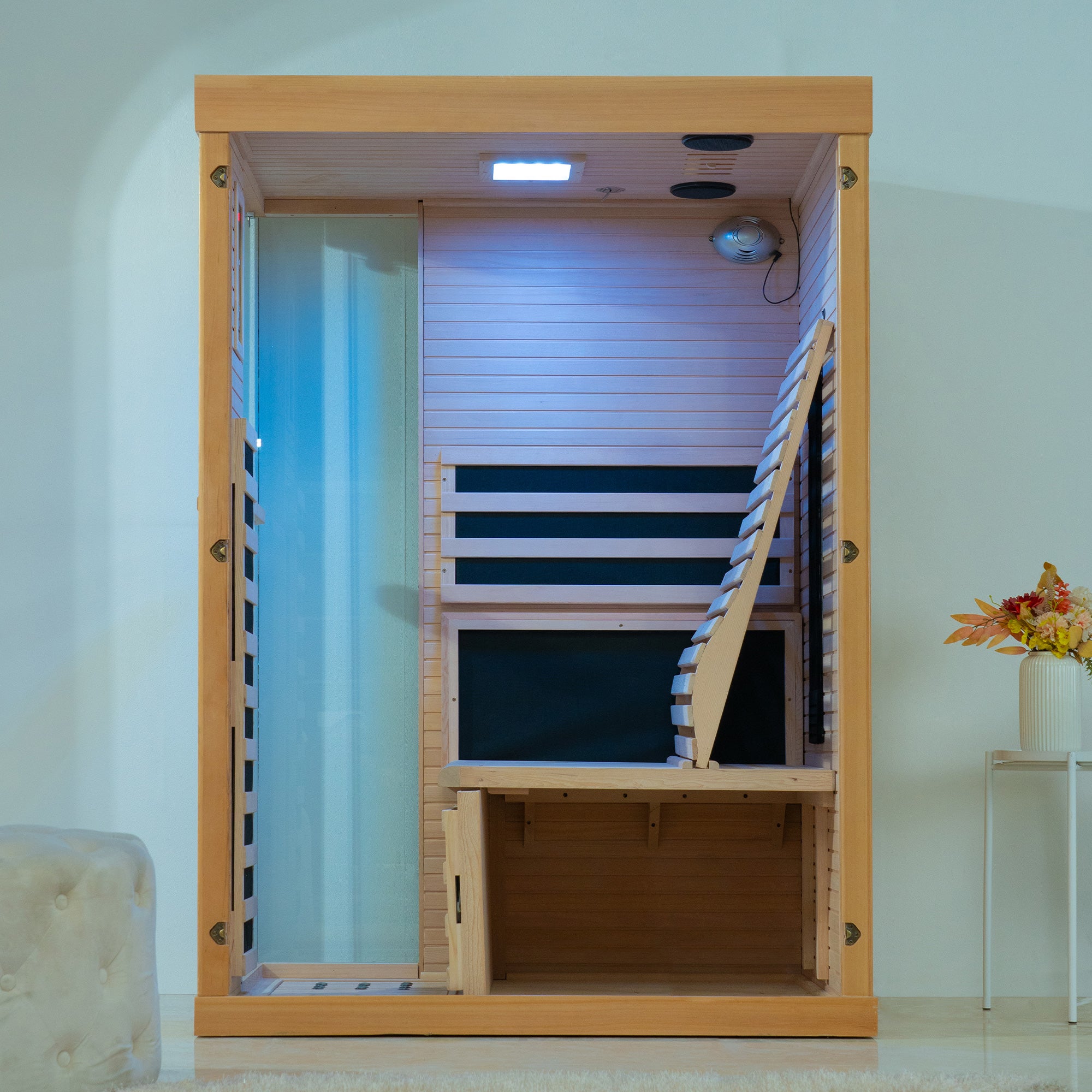 1 Person Canadian Hemlock Wood Infrared Sauna For Home With Touch-Tone Keypad, Led Color Therapy Light, Tempered Glass Door And A Top Vent