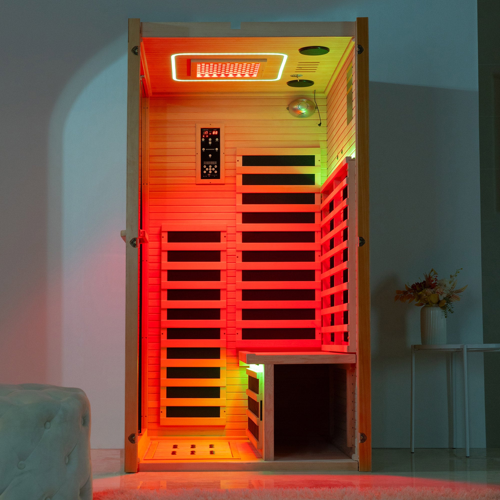 2 Person Canadian Hemlock Wood Infrared Sauna For Home With Touch-Tone Keypad, Led Color Therapy Light, Tempered Glass Door And A Top Vent