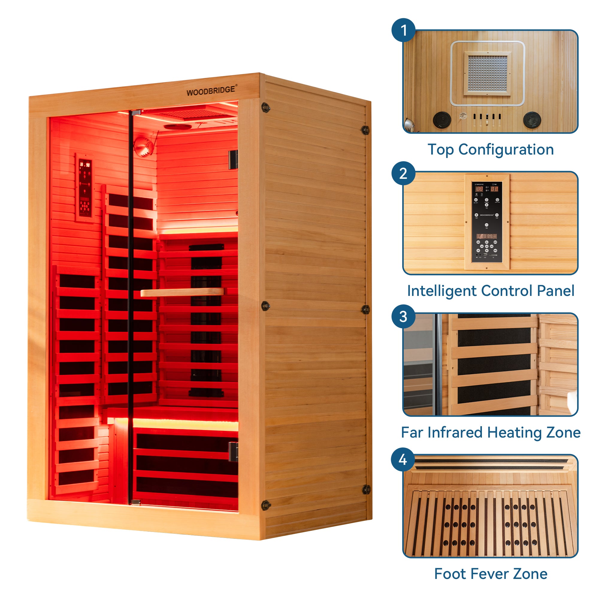 2 Person Canadian Hemlock Wood Infrared Sauna For Home With Touch-Tone Keypad, Led Color Therapy Light, Tempered Glass Door And A Top Vent