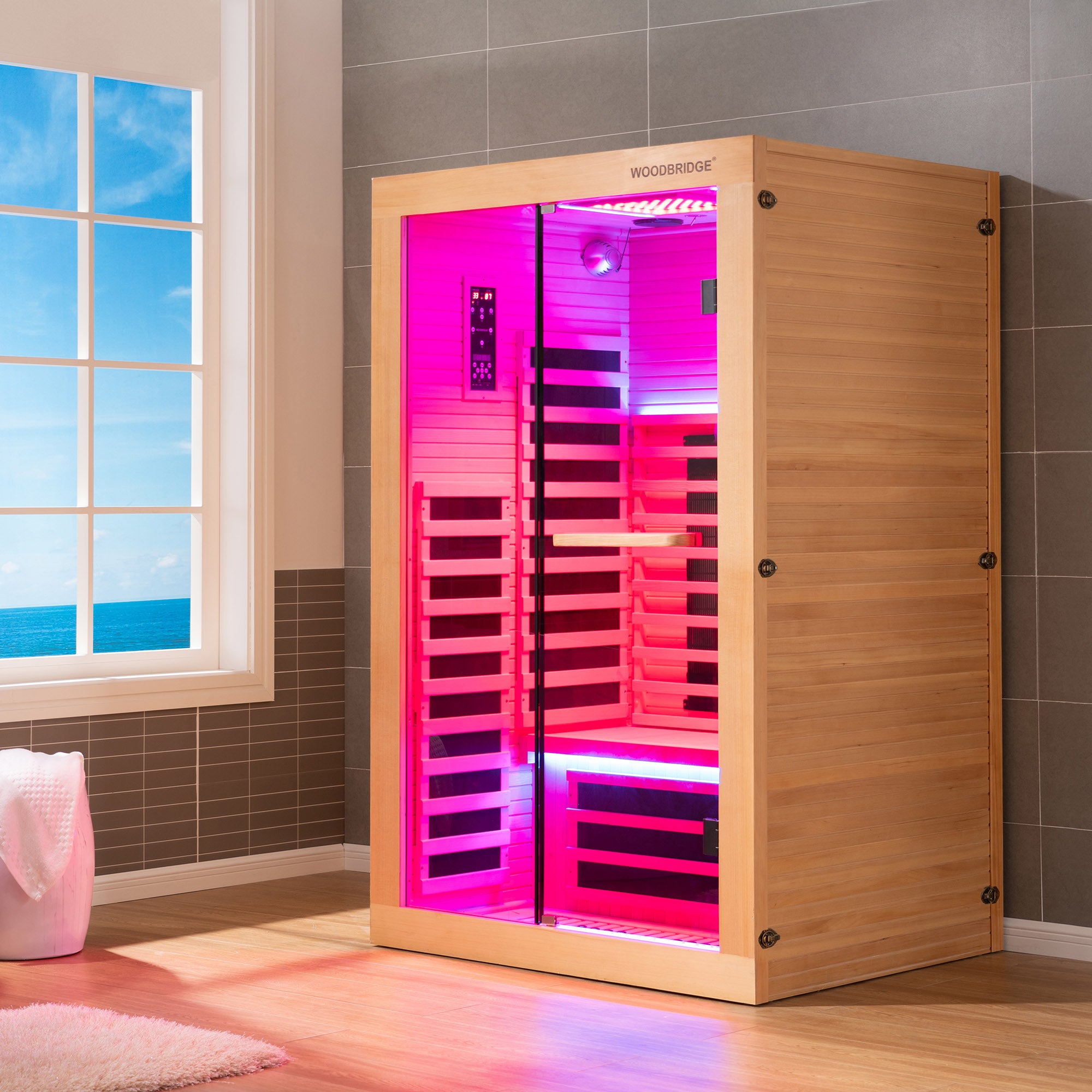 2 Person Canadian Hemlock Wood Infrared Sauna For Home With Touch-Tone Keypad, Led Color Therapy Light, Tempered Glass Door And A Top Vent