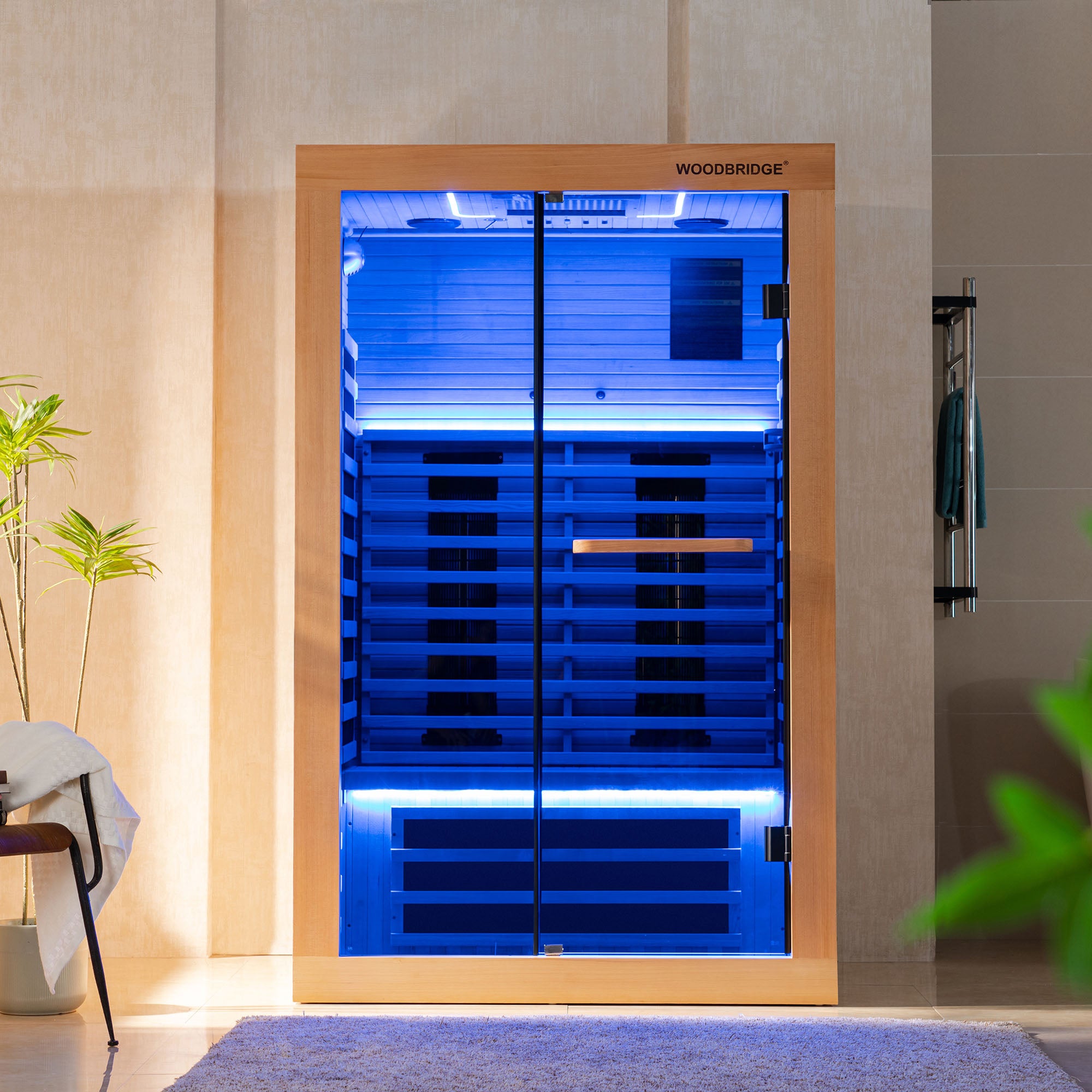 2 Person Canadian Hemlock Wood Infrared Sauna For Home With Touch-Tone Keypad, Led Color Therapy Light, Tempered Glass Door And A Top Vent