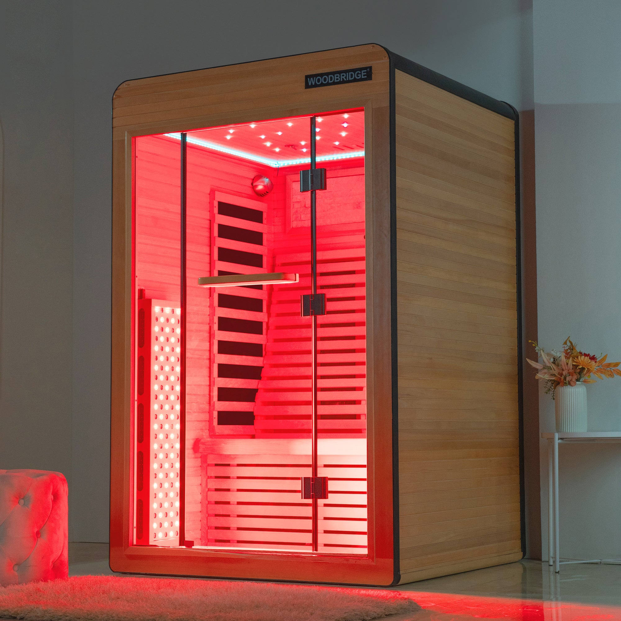 2 Person Canadian Hemlock Wood Infrared Sauna For Home With Touch-Tone Keypad, Led Color Therapy Light, Tempered Glass Door And A Top Vent
