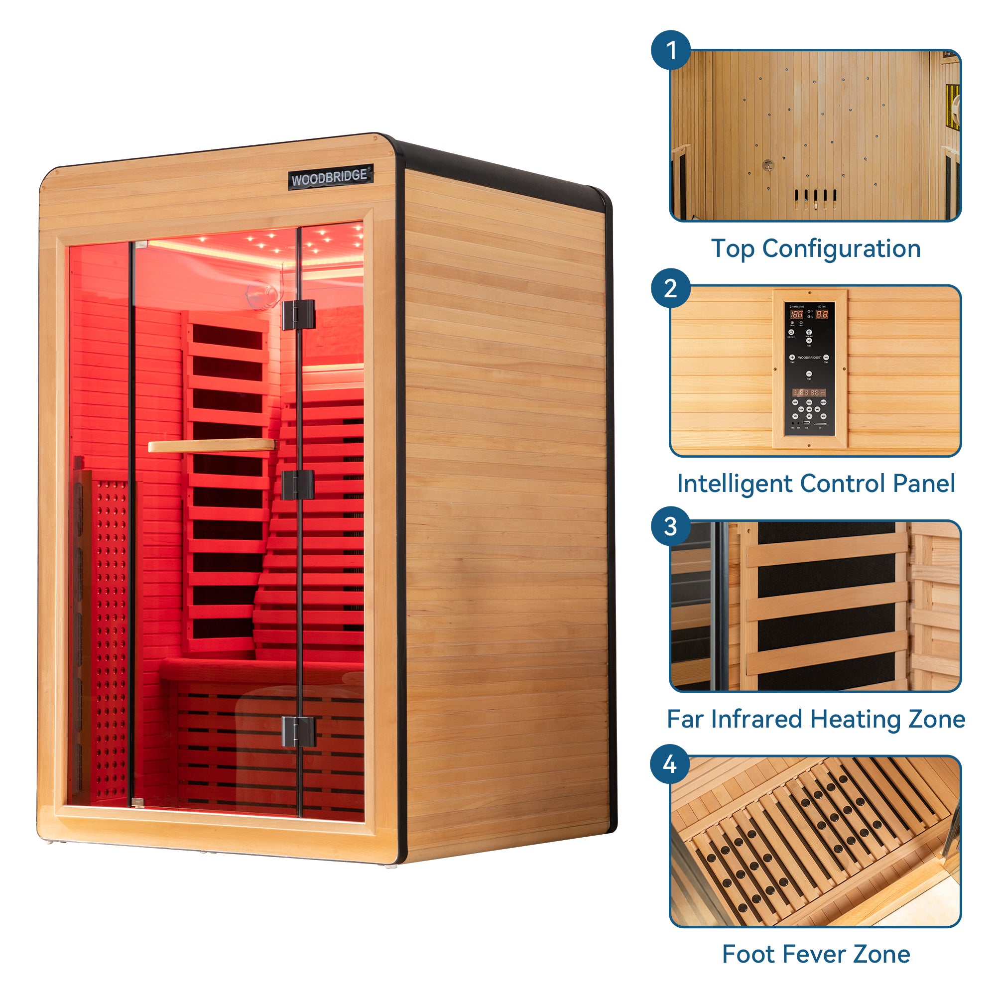 2 Person Canadian Hemlock Wood Infrared Sauna For Home With Touch-Tone Keypad, Led Color Therapy Light, Tempered Glass Door And A Top Vent