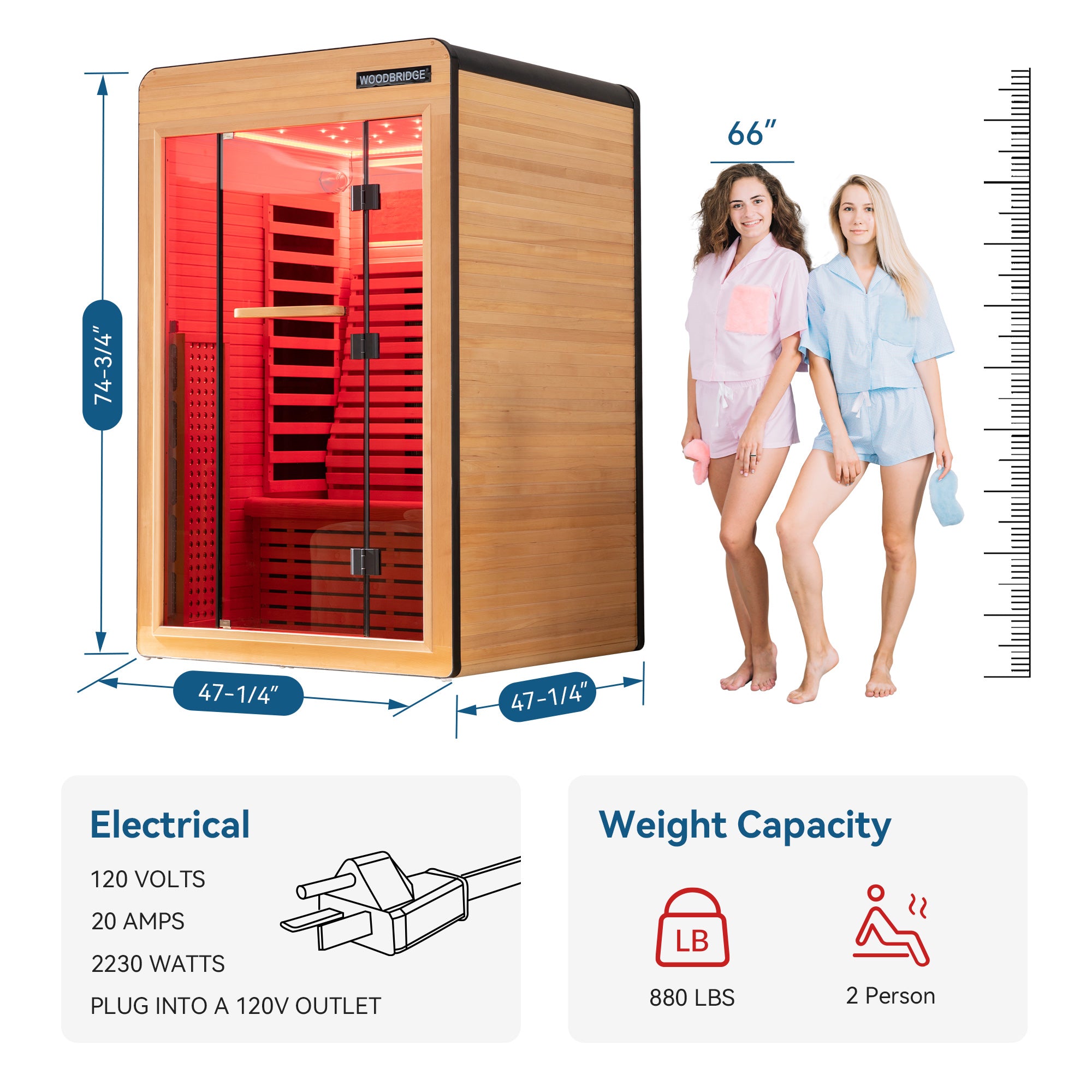 2 Person Canadian Hemlock Wood Infrared Sauna For Home With Touch-Tone Keypad, Led Color Therapy Light, Tempered Glass Door And A Top Vent