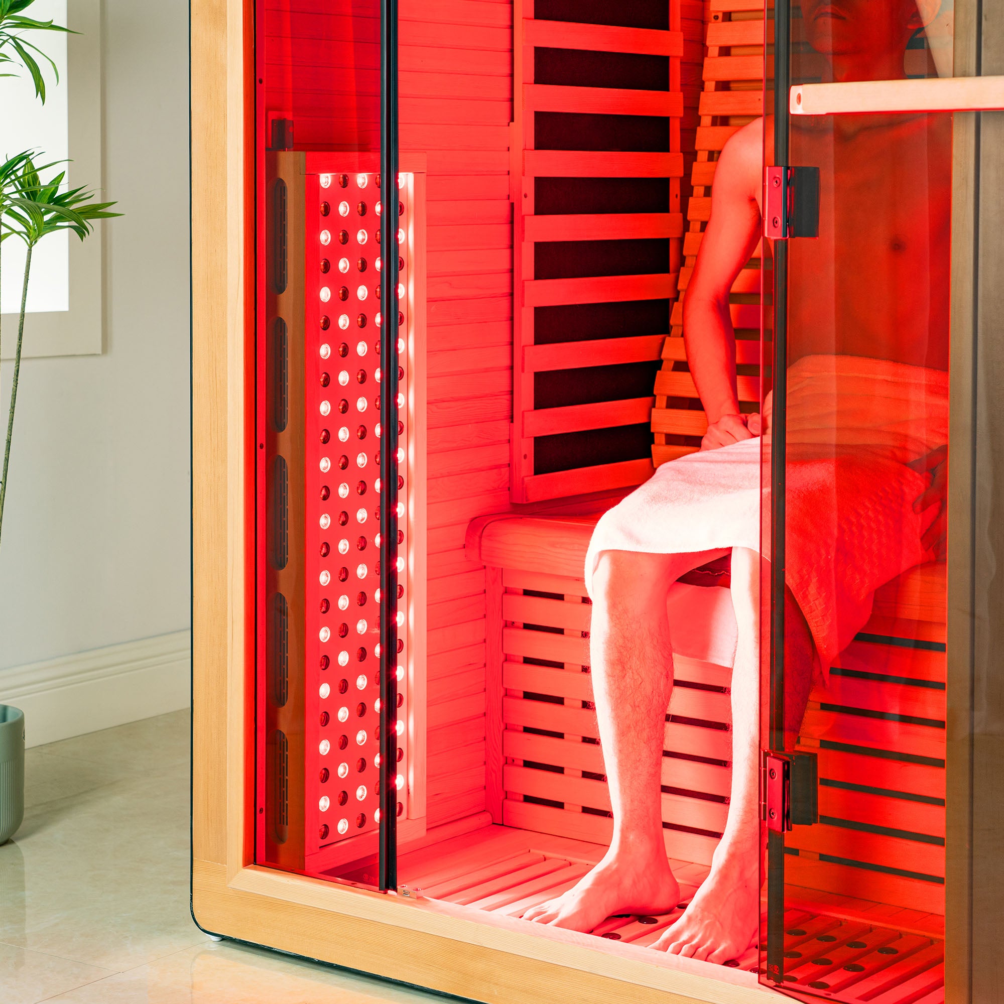 2 Person Canadian Hemlock Wood Infrared Sauna For Home With Touch-Tone Keypad, Led Color Therapy Light, Tempered Glass Door And A Top Vent