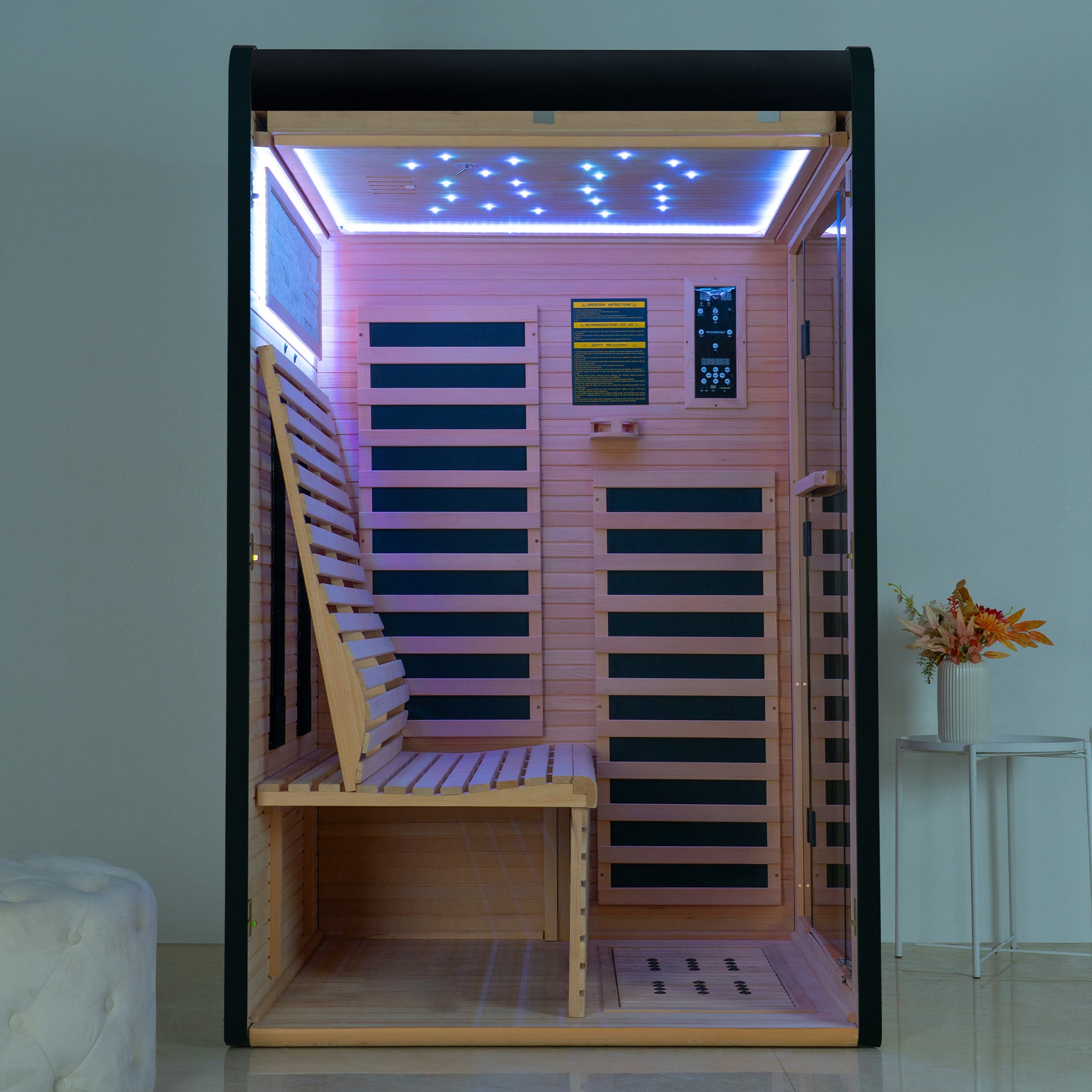 2 Person Canadian Hemlock Wood Infrared Sauna For Home With Touch-Tone Keypad, Led Color Therapy Light, Tempered Glass Door And A Top Vent