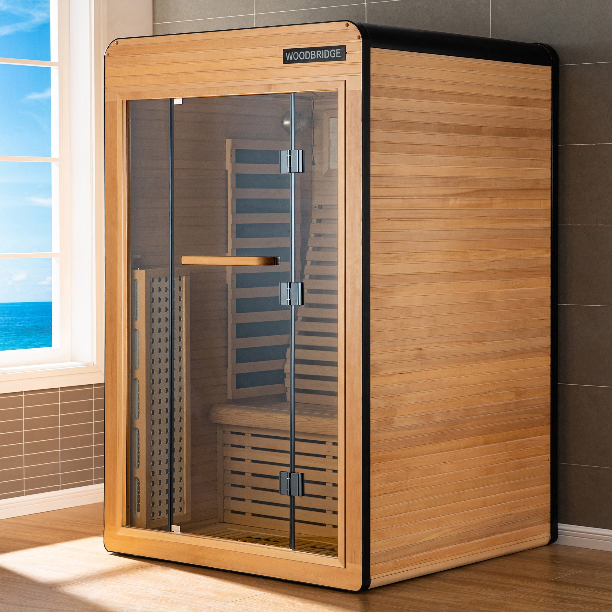 2 Person Canadian Hemlock Wood Infrared Sauna For Home With Touch-Tone Keypad, Led Color Therapy Light, Tempered Glass Door And A Top Vent