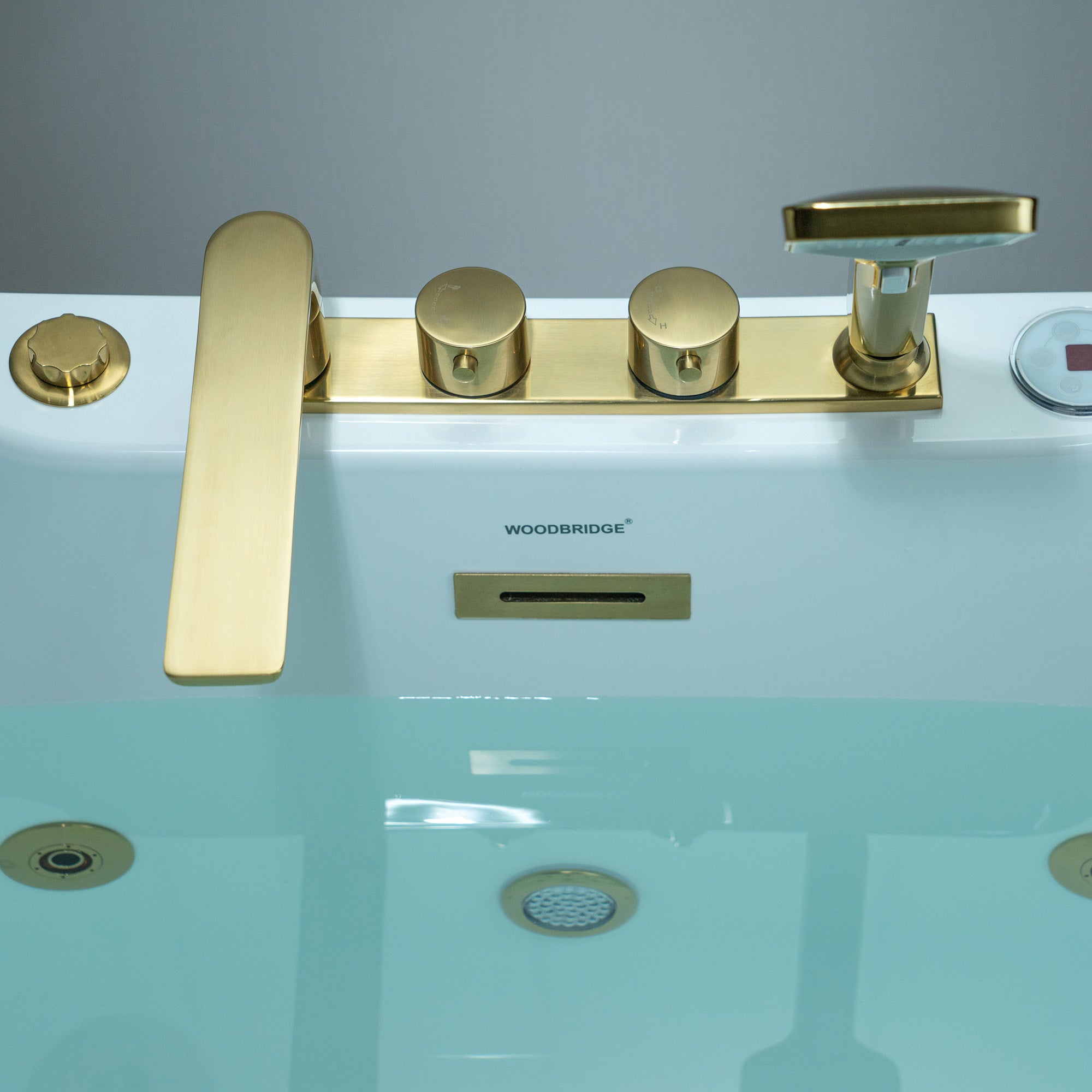 WOODBRIDGE 72" x 35-3/8" Whirlpool and Air Bath Heated Soaking Combination Tub with Adjustable Speed Air Blower and Display Control Panel, Brushed Gold Finish Trim and Drain Kit