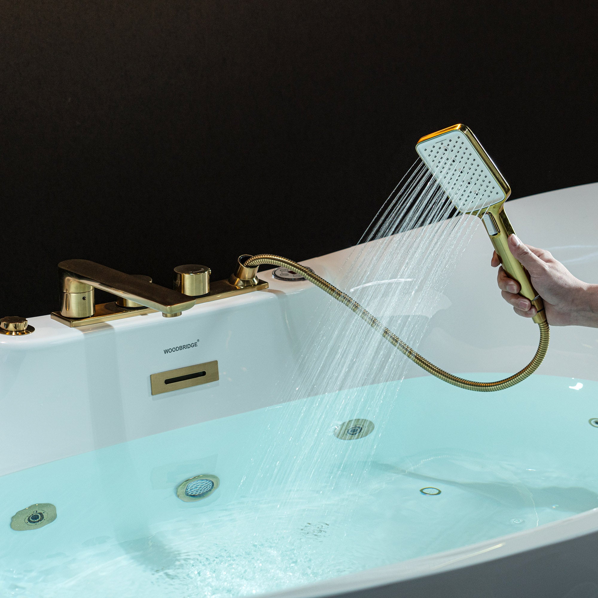 WOODBRIDGE 72" x 35-3/8" Whirlpool and Air Bath Heated Soaking Combination Tub with Adjustable Speed Air Blower and Display Control Panel, Brushed Gold Finish Trim and Drain Kit
