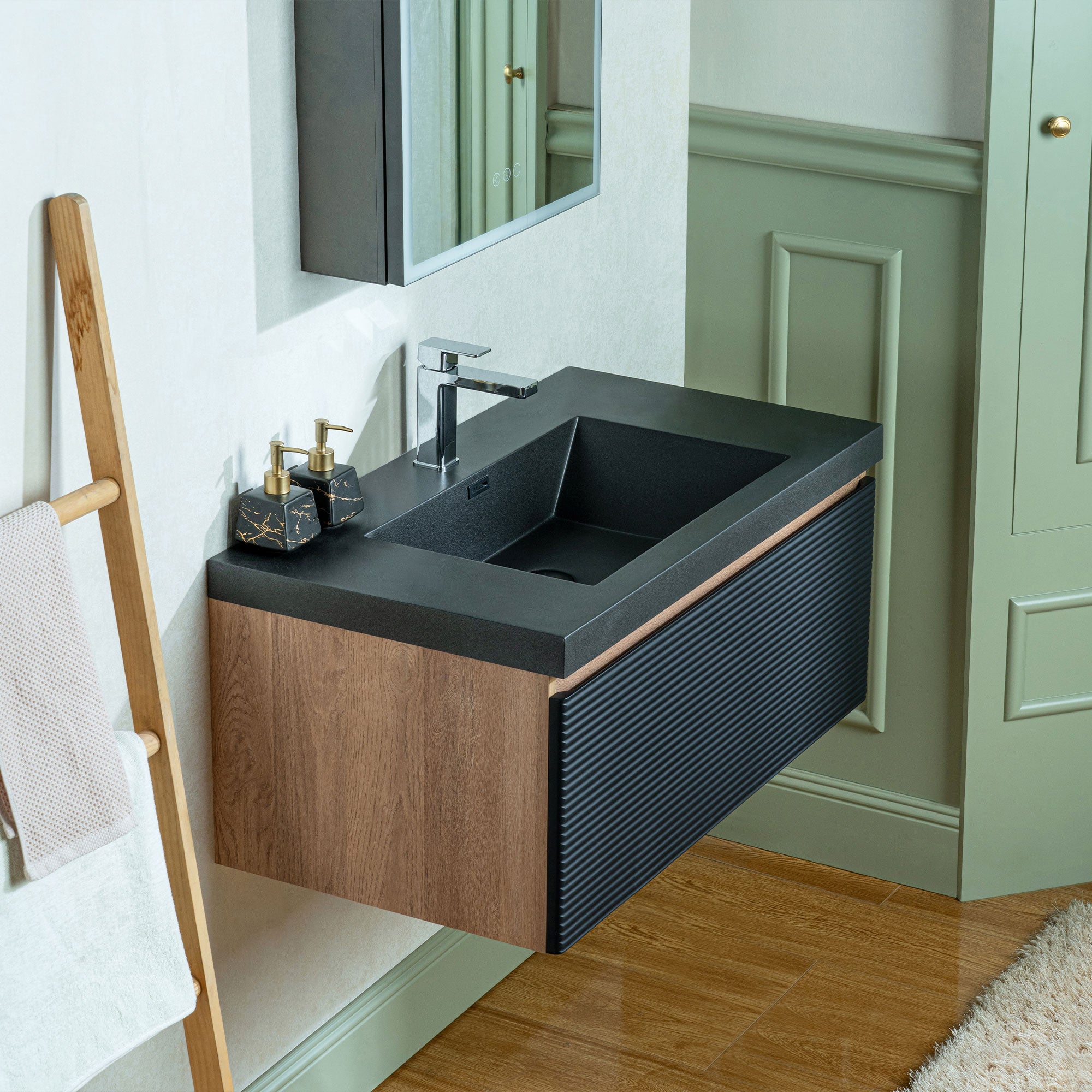 WOODBRIDGE 29-1/2 in. W x 19-5/8 in. D Wall Mounted Floating Multi-layer Engineering Wood Bathroom Vanity with Premium Black Sintered Stone Vanity Top
