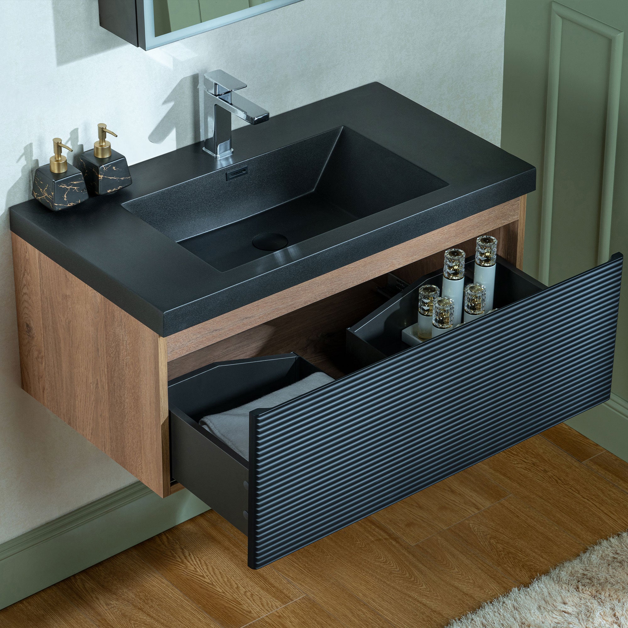 WOODBRIDGE 29-1/2 in. W x 19-5/8 in. D Wall Mounted Floating Multi-layer Engineering Wood Bathroom Vanity with Premium Black Sintered Stone Vanity Top