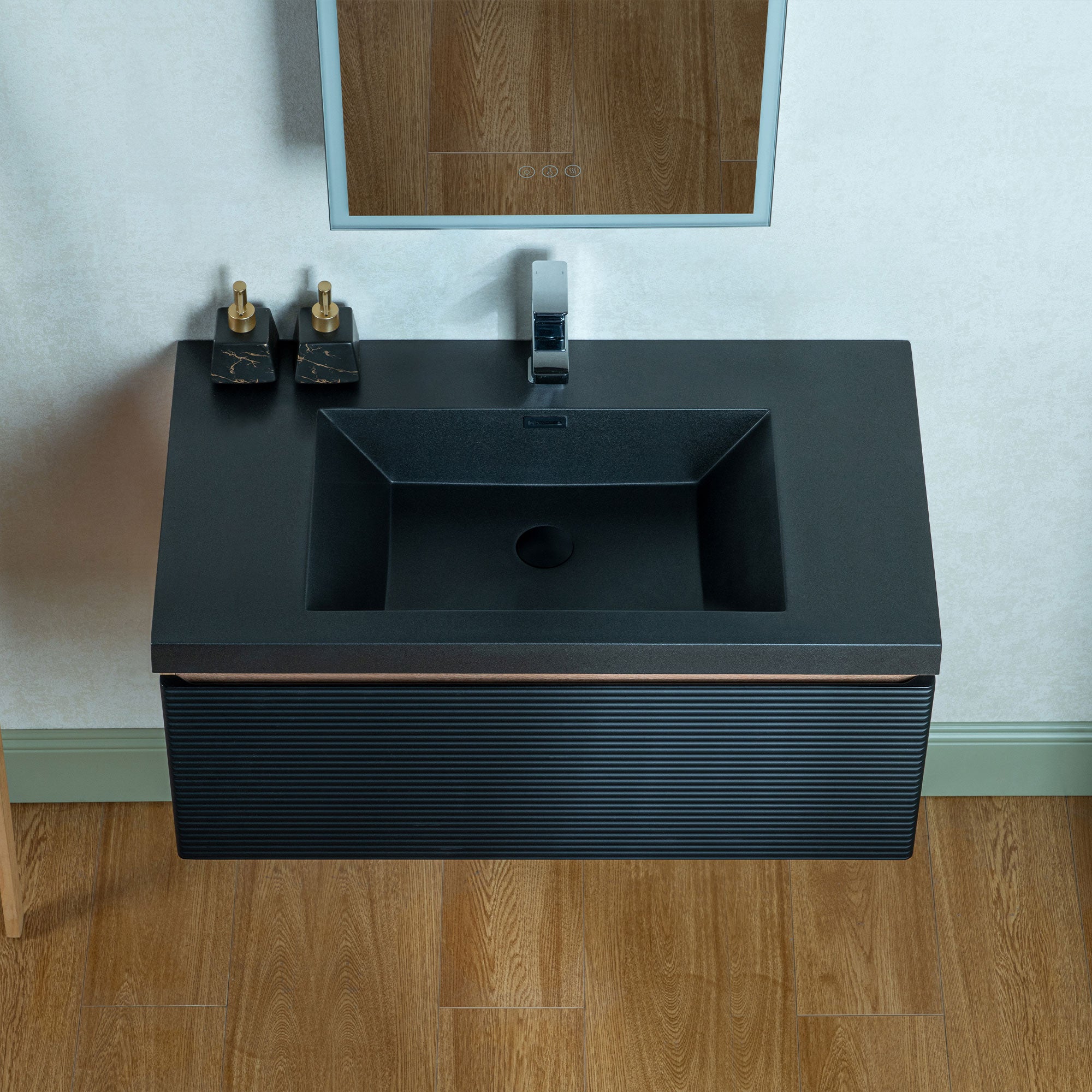 WOODBRIDGE 29-1/2 in. W x 19-5/8 in. D Wall Mounted Floating Multi-layer Engineering Wood Bathroom Vanity with Premium Black Sintered Stone Vanity Top