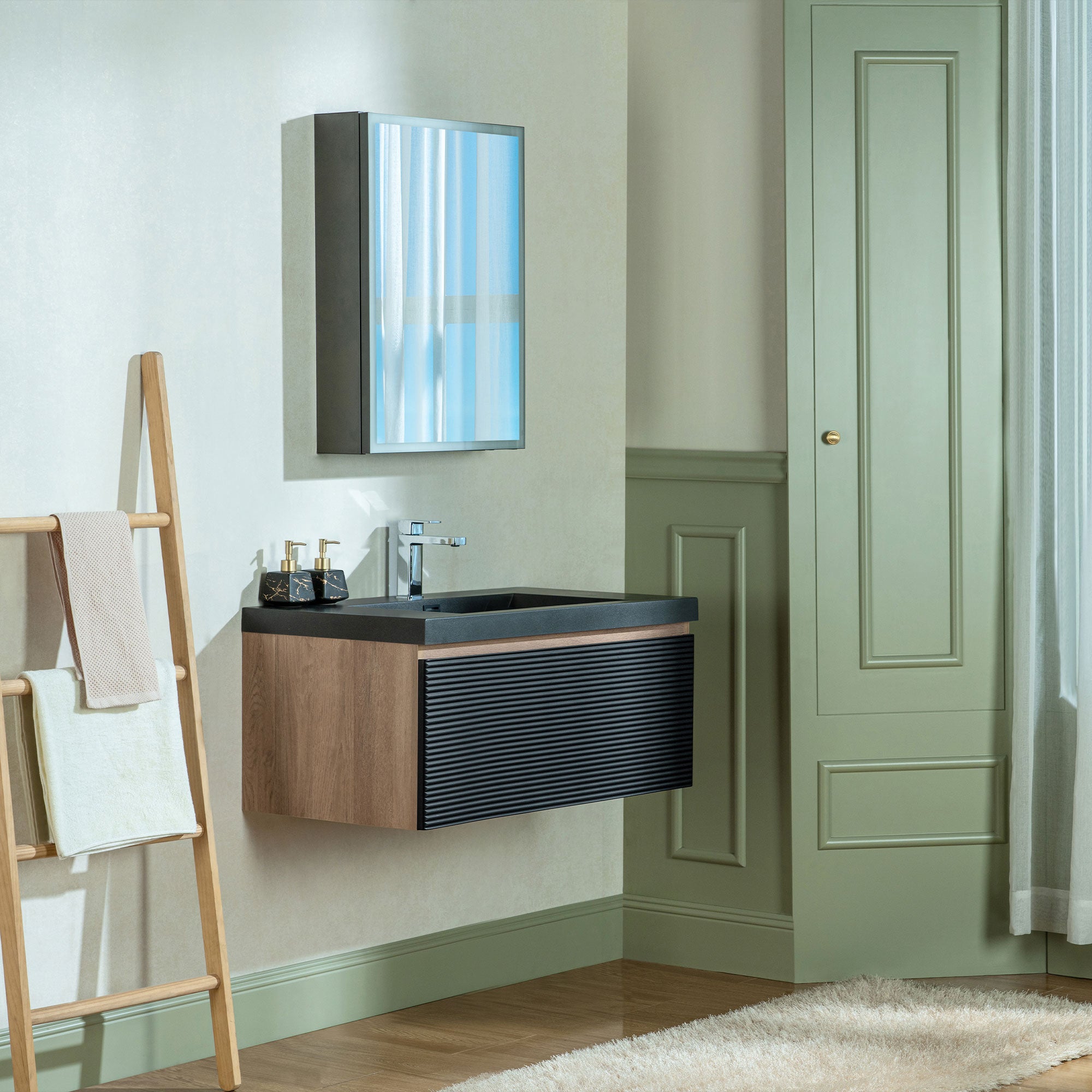 WOODBRIDGE 29-1/2 in. W x 19-5/8 in. D Wall Mounted Floating Multi-layer Engineering Wood Bathroom Vanity with Premium Black Sintered Stone Vanity Top