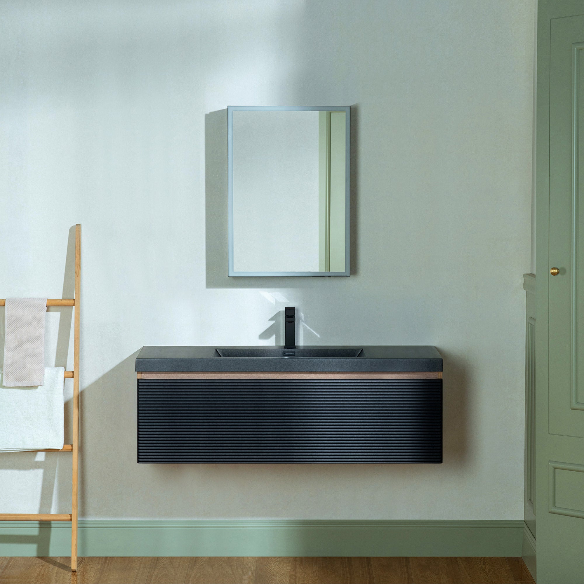 WOODBRIDGE 29-1/2 in. W x 19-5/8 in. D Wall Mounted Floating Multi-layer Engineering Wood Bathroom Vanity with Premium Black Sintered Stone Vanity Top