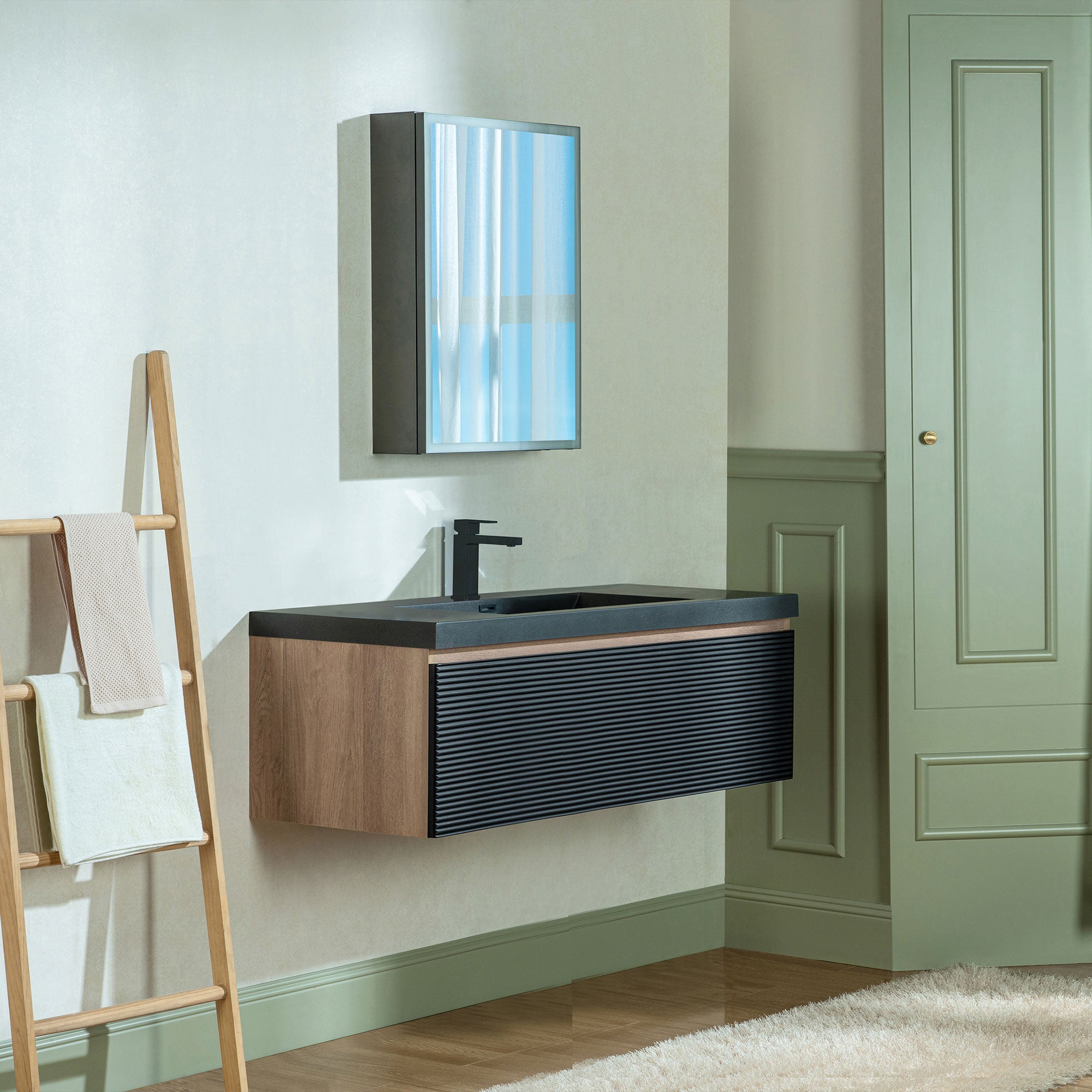 WOODBRIDGE 29-1/2 in. W x 19-5/8 in. D Wall Mounted Floating Multi-layer Engineering Wood Bathroom Vanity with Premium Black Sintered Stone Vanity Top