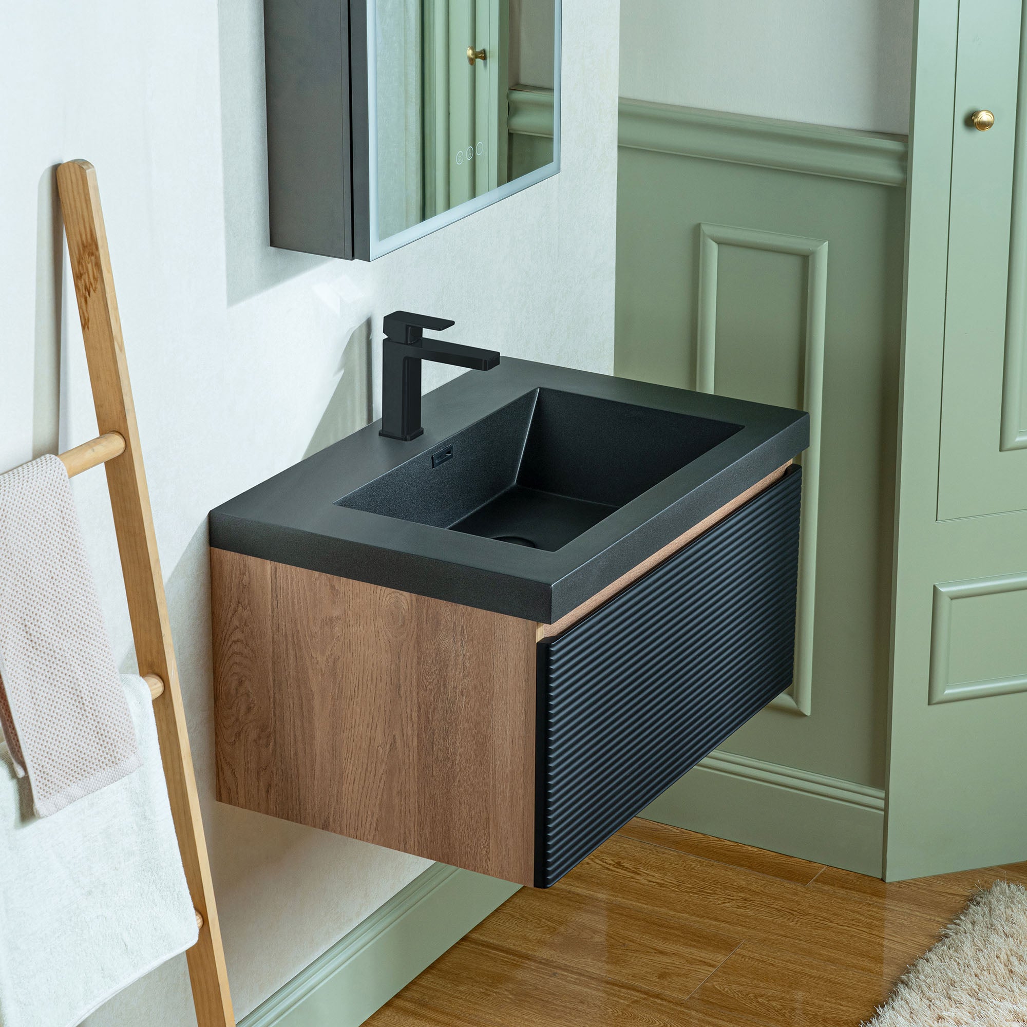WOODBRIDGE 29-1/2 in. W x 19-5/8 in. D Wall Mounted Floating Multi-layer Engineering Wood Bathroom Vanity with Premium Black Sintered Stone Vanity Top
