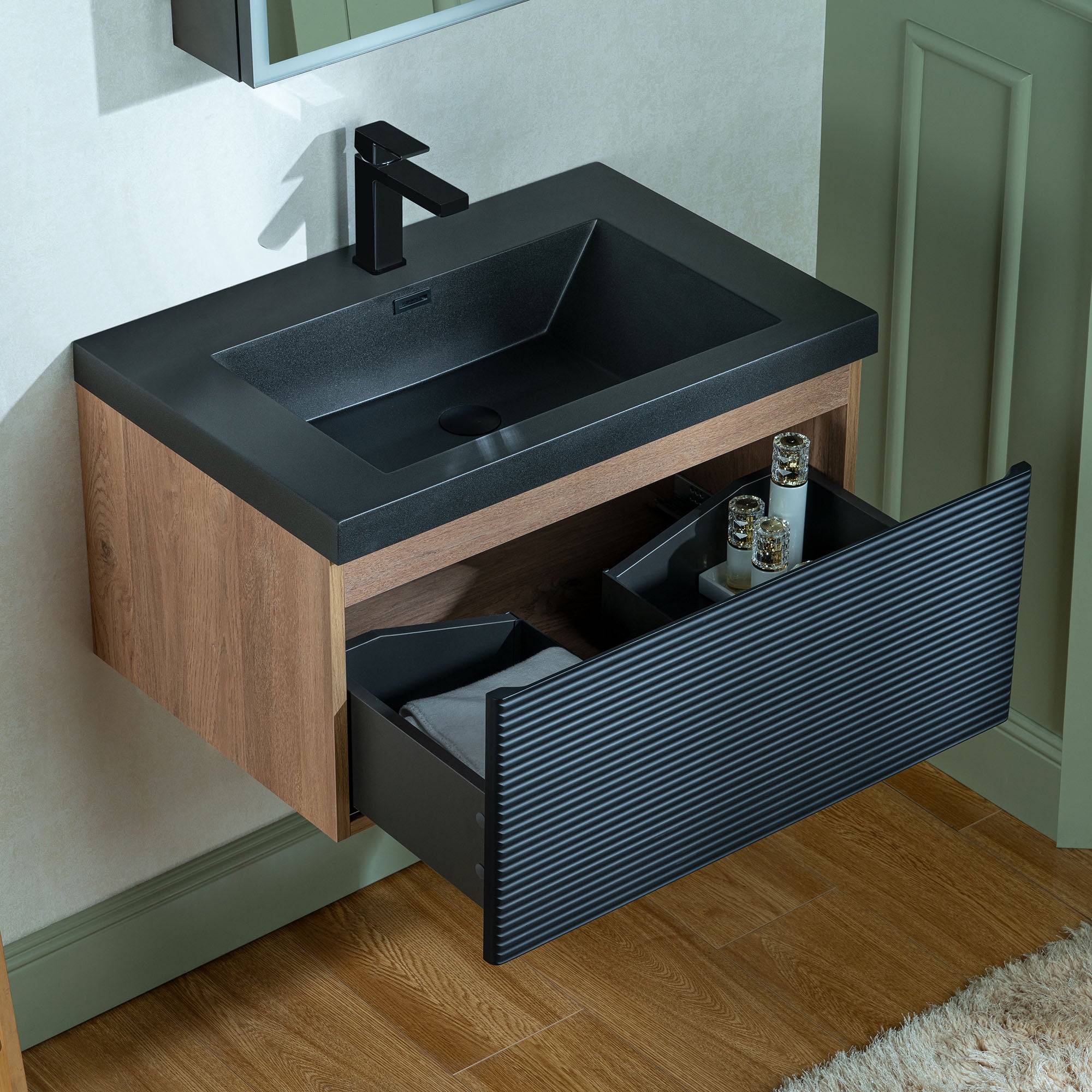 WOODBRIDGE 29-1/2 in. W x 19-5/8 in. D Wall Mounted Floating Multi-layer Engineering Wood Bathroom Vanity with Premium Black Sintered Stone Vanity Top