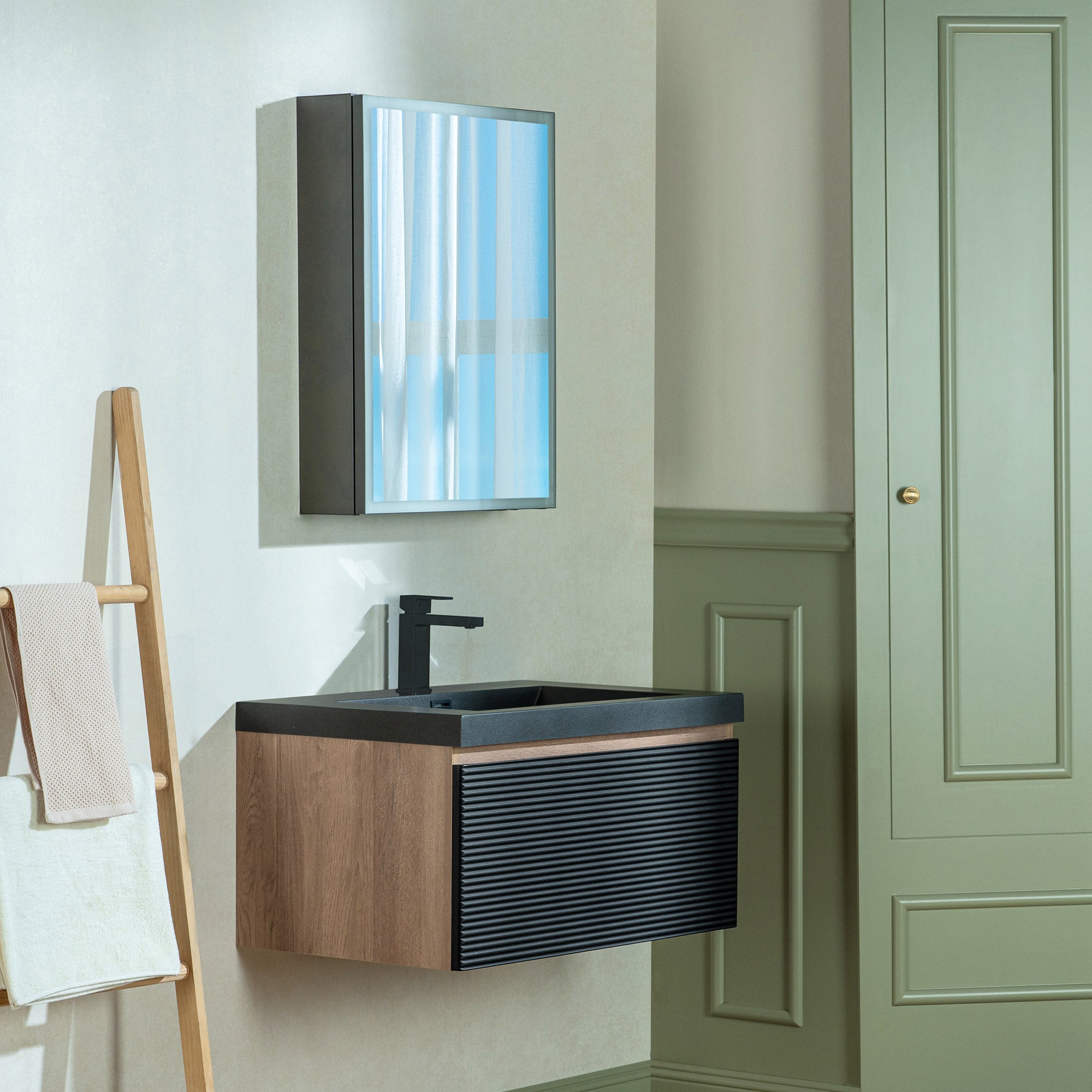 WOODBRIDGE 29-1/2 in. W x 19-5/8 in. D Wall Mounted Floating Multi-layer Engineering Wood Bathroom Vanity with Premium Black Sintered Stone Vanity Top