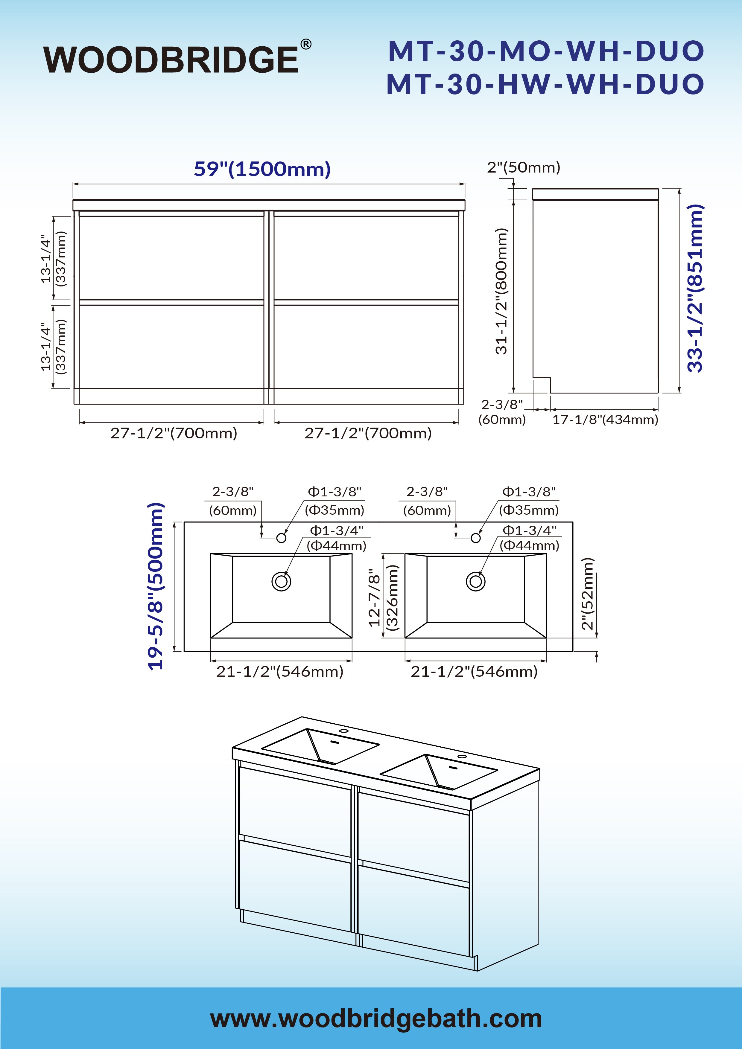 WOODBRIDGE 59 in. W x 19-5/8 in. D Freestanding Double Vanity with Resin Composite Double Sink Vanity Top in White