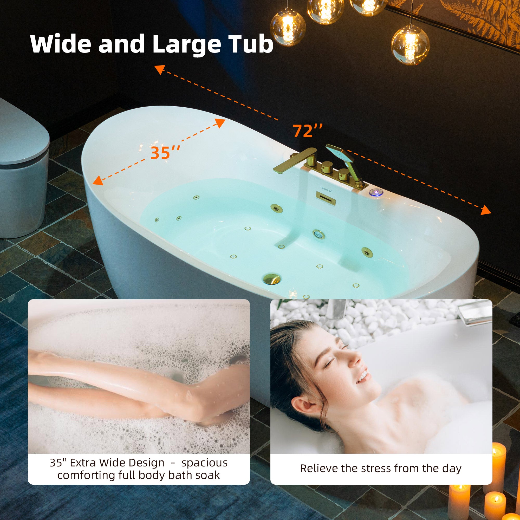 WOODBRIDGE 72" x 35-3/8" Whirlpool and Air Bath Heated Soaking Combination Tub with Adjustable Speed Air Blower and Display Control Panel, Brushed Gold Finish Trim and Drain Kit