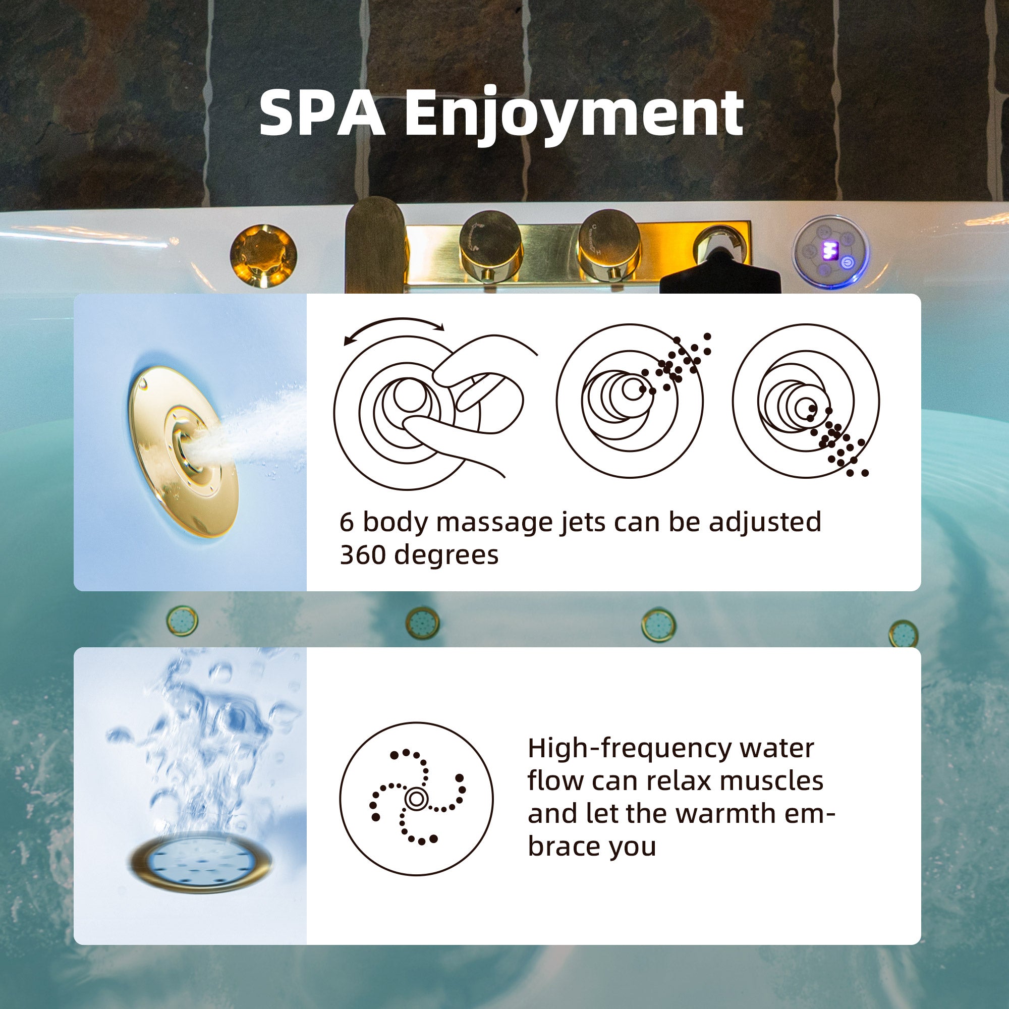 WOODBRIDGE 72" x 35-3/8" Whirlpool and Air Bath Heated Soaking Combination Tub with Adjustable Speed Air Blower and Display Control Panel, Brushed Gold Finish Trim and Drain Kit