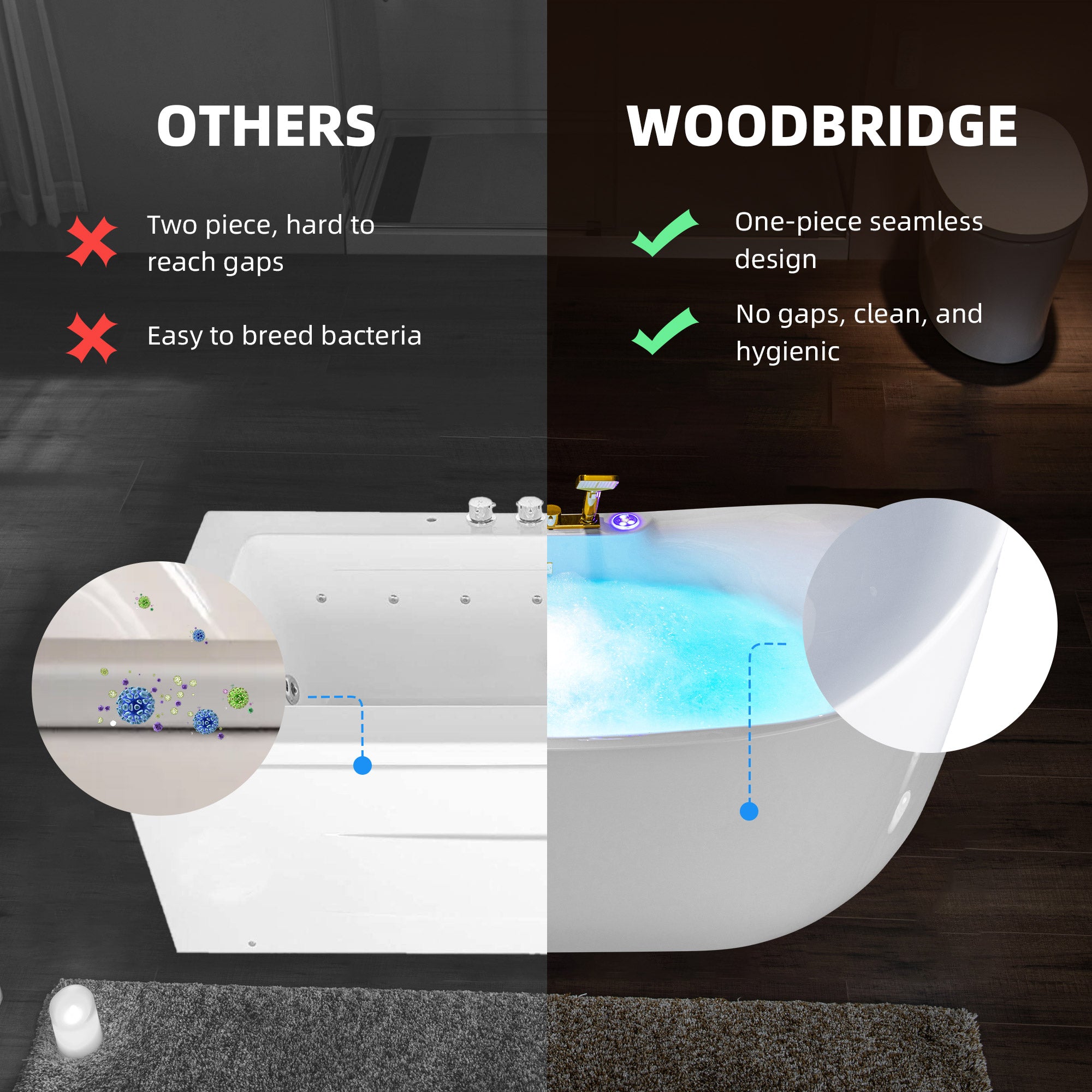 WOODBRIDGE 72" x 35-3/8" Whirlpool and Air Bath Heated Soaking Combination Tub with Adjustable Speed Air Blower and Display Control Panel, Brushed Gold Finish Trim and Drain Kit