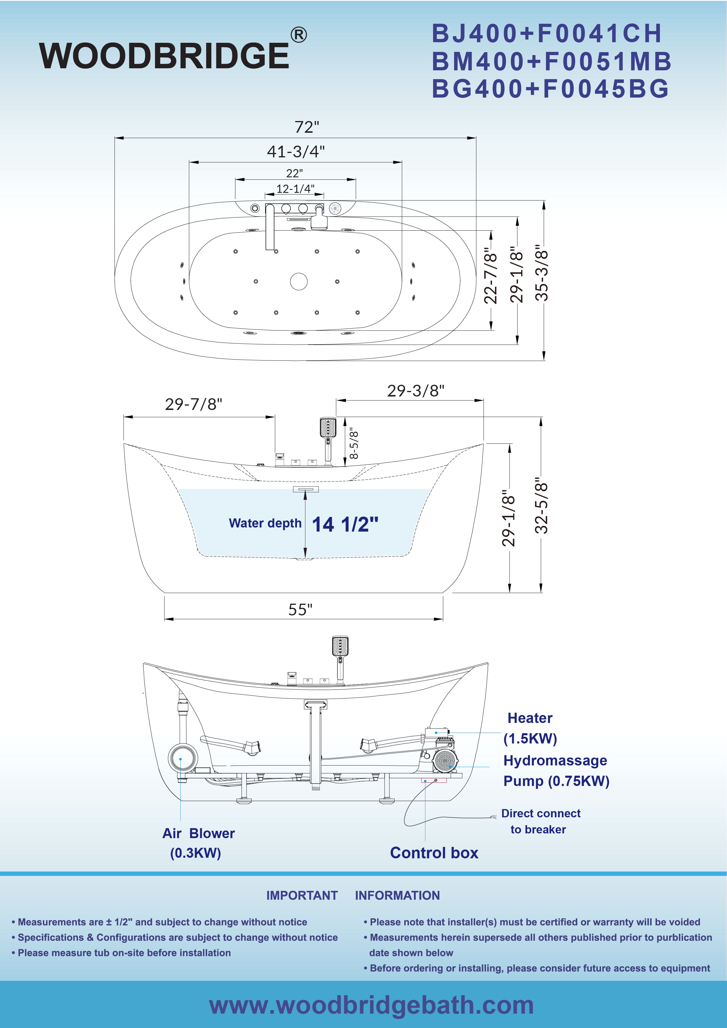 WOODBRIDGE 72" x 35-3/8" Whirlpool and Air Bath Heated Soaking Combination Tub with Adjustable Speed Air Blower and Display Control Panel, Brushed Gold Finish Trim and Drain Kit
