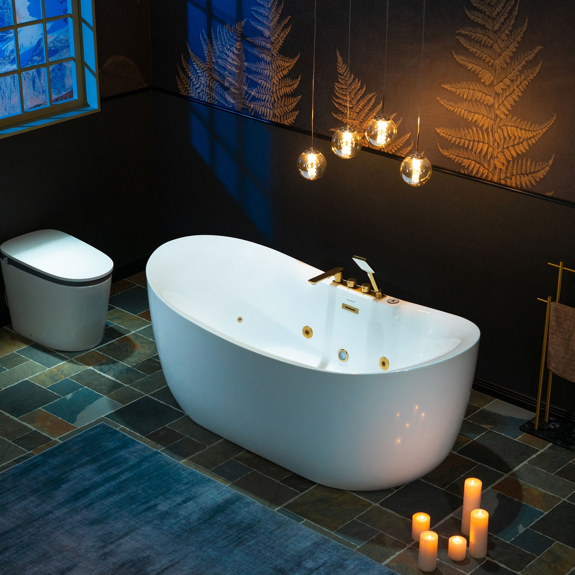 WOODBRIDGE 72" x 35-3/8" Whirlpool and Air Bath Heated Soaking Combination Tub with Adjustable Speed Air Blower and Display Control Panel, Brushed Gold Finish Trim and Drain Kit