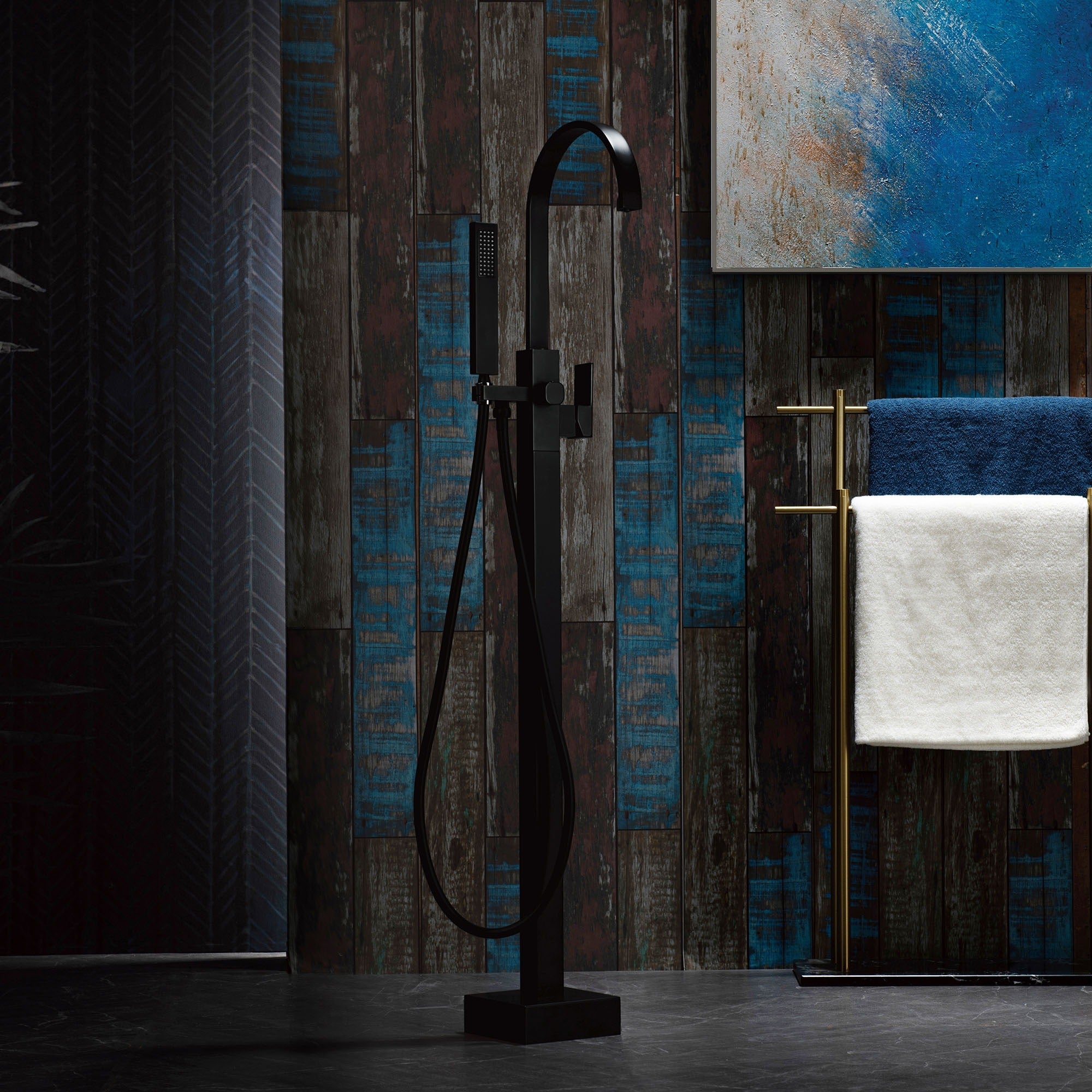 WOODBRIDGE Contemporary Single Handle Floor Mount Freestanding Tub Filler Faucet with Hand Shower, F006