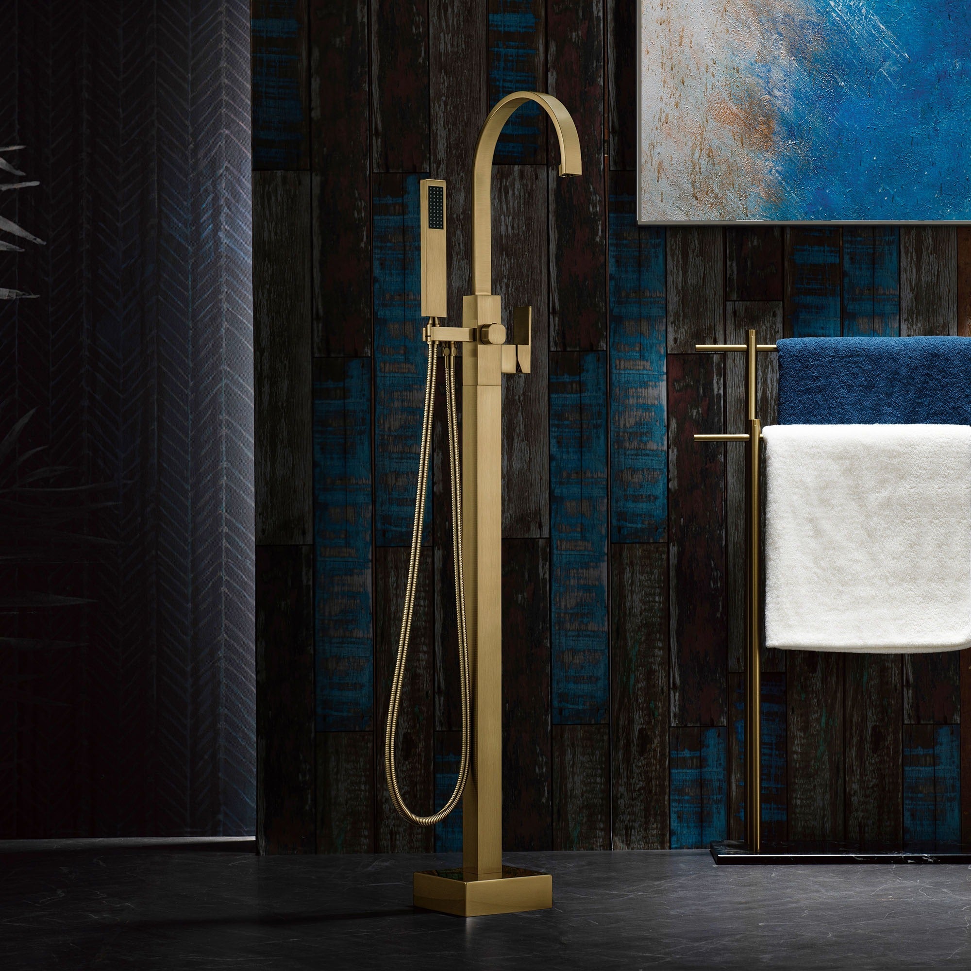 WOODBRIDGE Contemporary Single Handle Floor Mount Freestanding Tub Filler Faucet with Hand Shower, F006