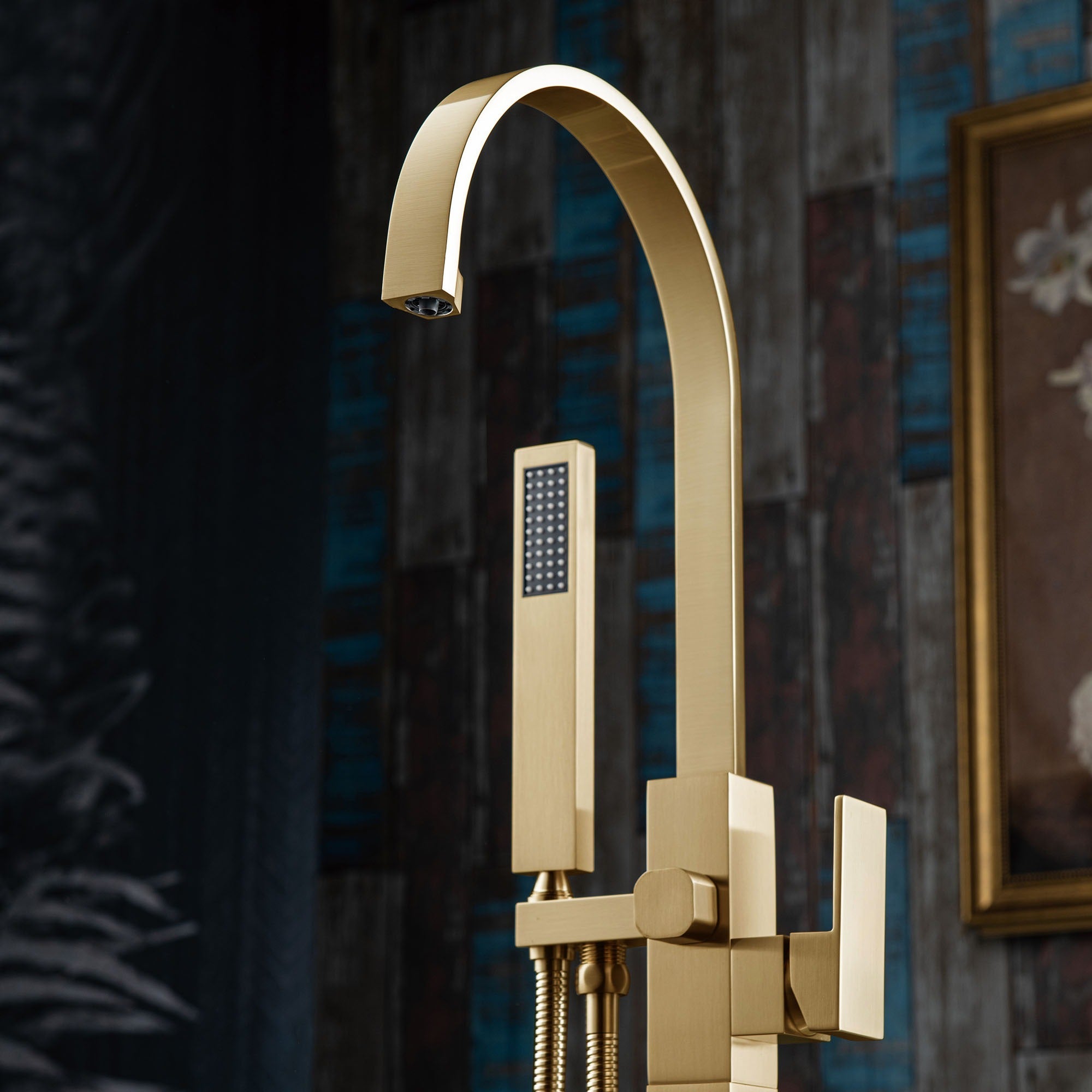 WOODBRIDGE Contemporary Single Handle Floor Mount Freestanding Tub Filler Faucet with Hand Shower, F006