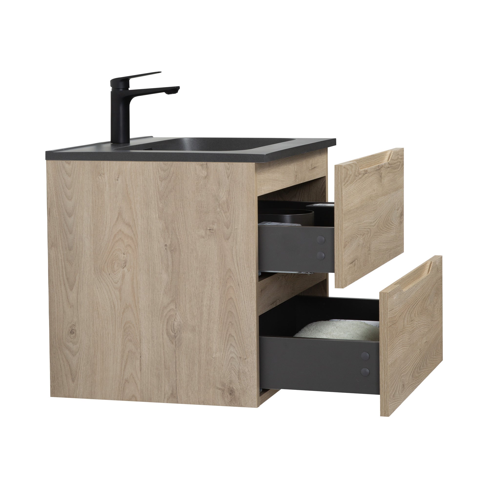 WOODBRIDGE 23-5/8" Wall Mounted Single Basin Vanity – Evita Oak Wood Finish with Black Quartz Sand Composite Top, Floating Design
