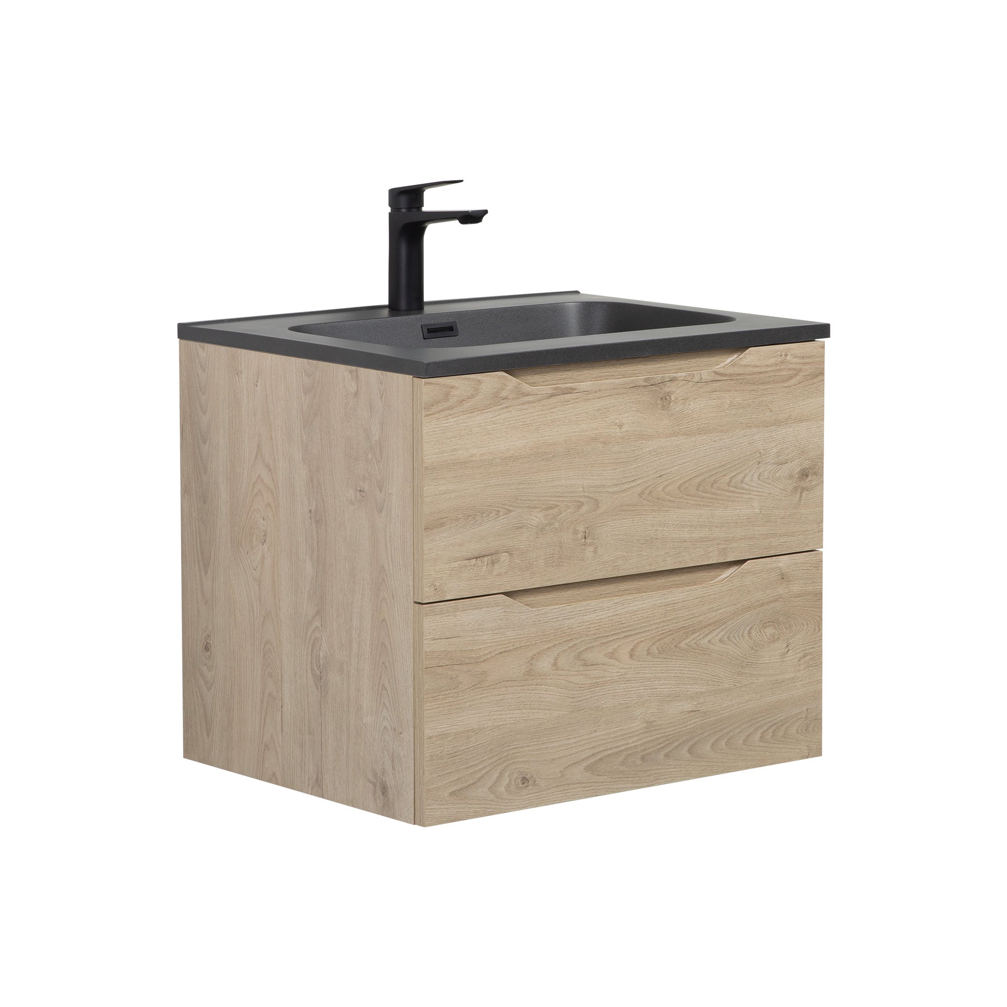WOODBRIDGE 23-5/8" Wall Mounted Single Basin Vanity – Evita Oak Wood Finish with Black Quartz Sand Composite Top, Floating Design