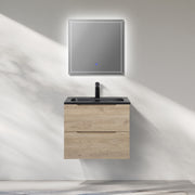 WOODBRIDGE 23-5/8" Wall Mounted Single Basin Vanity – Evita Oak Wood Finish with Black Quartz Sand Composite Top, Floating Design