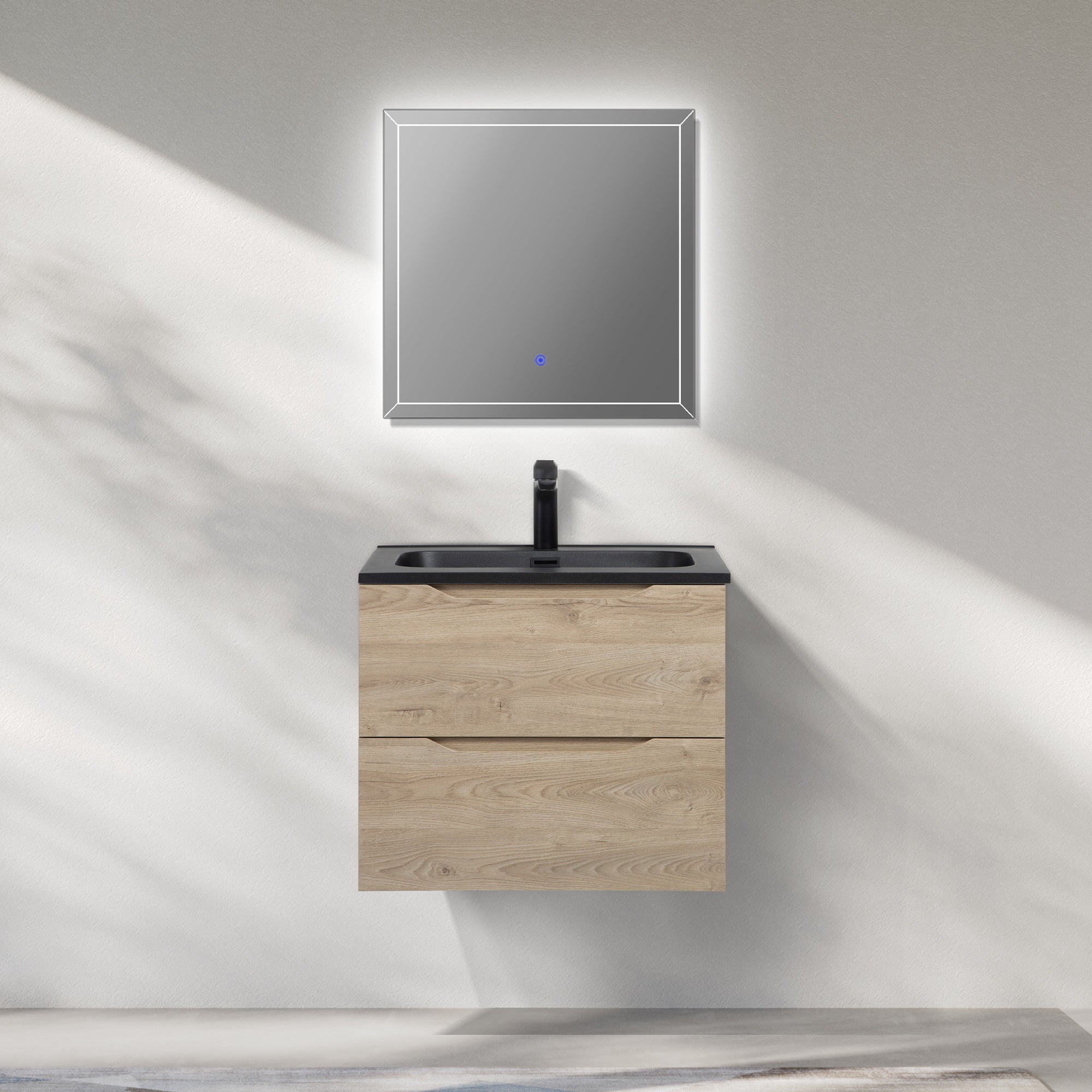 WOODBRIDGE 23-5/8" Wall Mounted Single Basin Vanity – Evita Oak Wood Finish with Black Quartz Sand Composite Top, Floating Design