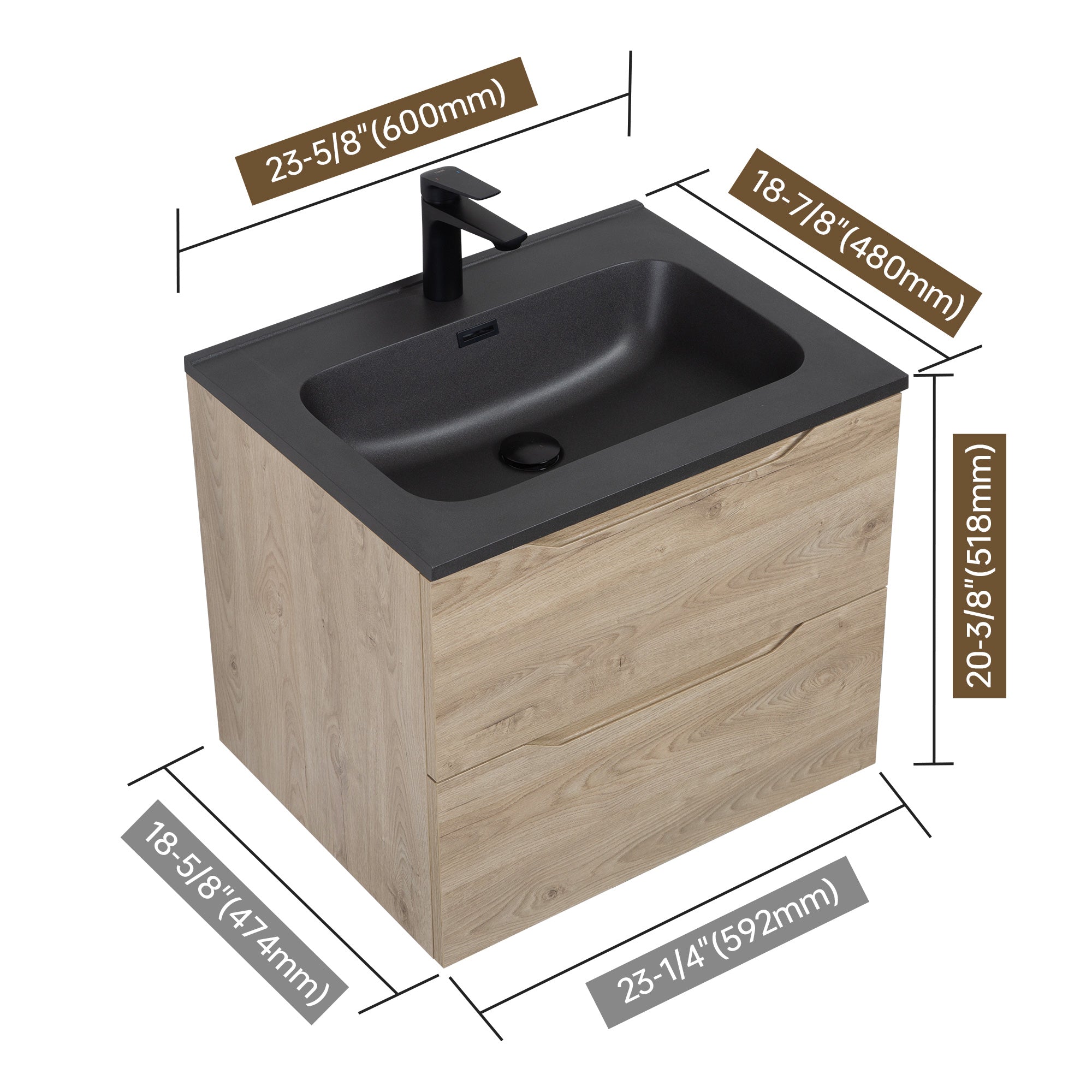 WOODBRIDGE 23-5/8" Wall Mounted Single Basin Vanity – Evita Oak Wood Finish with Black Quartz Sand Composite Top, Floating Design