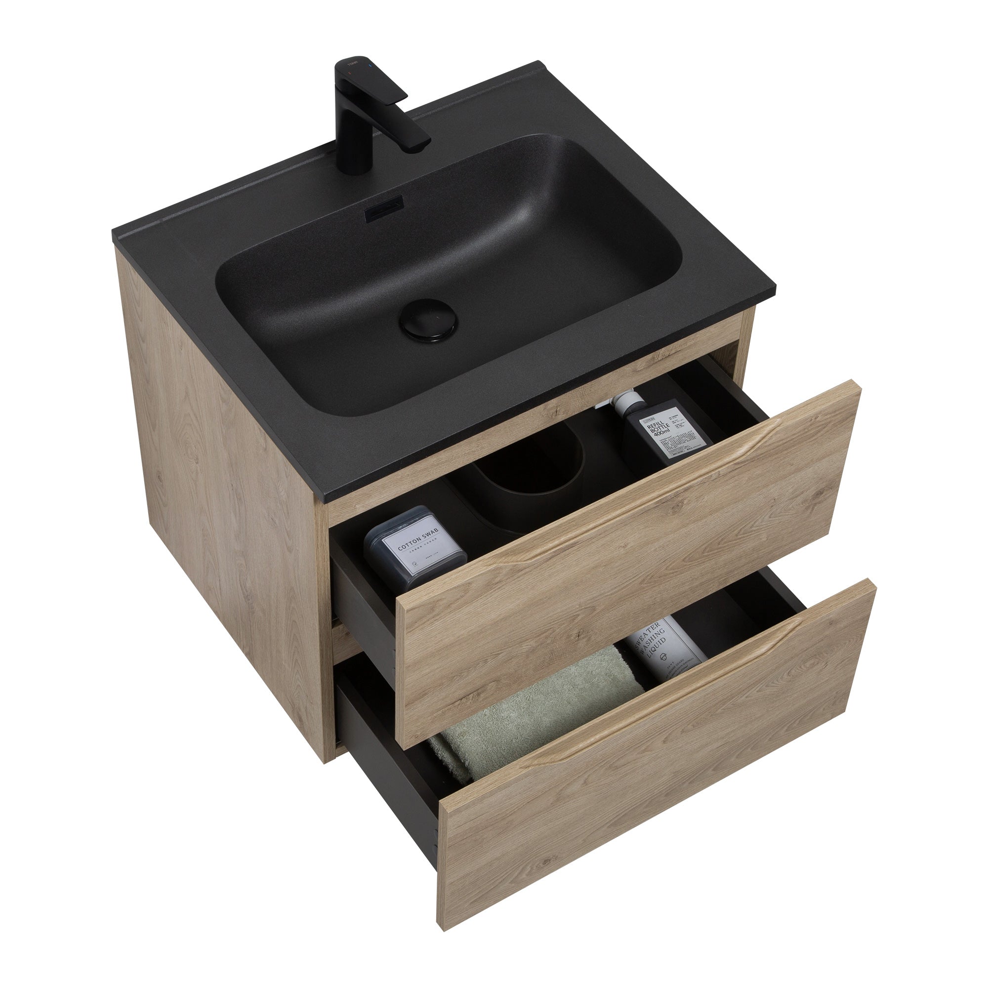 WOODBRIDGE 23-5/8" Wall Mounted Single Basin Vanity – Evita Oak Wood Finish with Black Quartz Sand Composite Top, Floating Design
