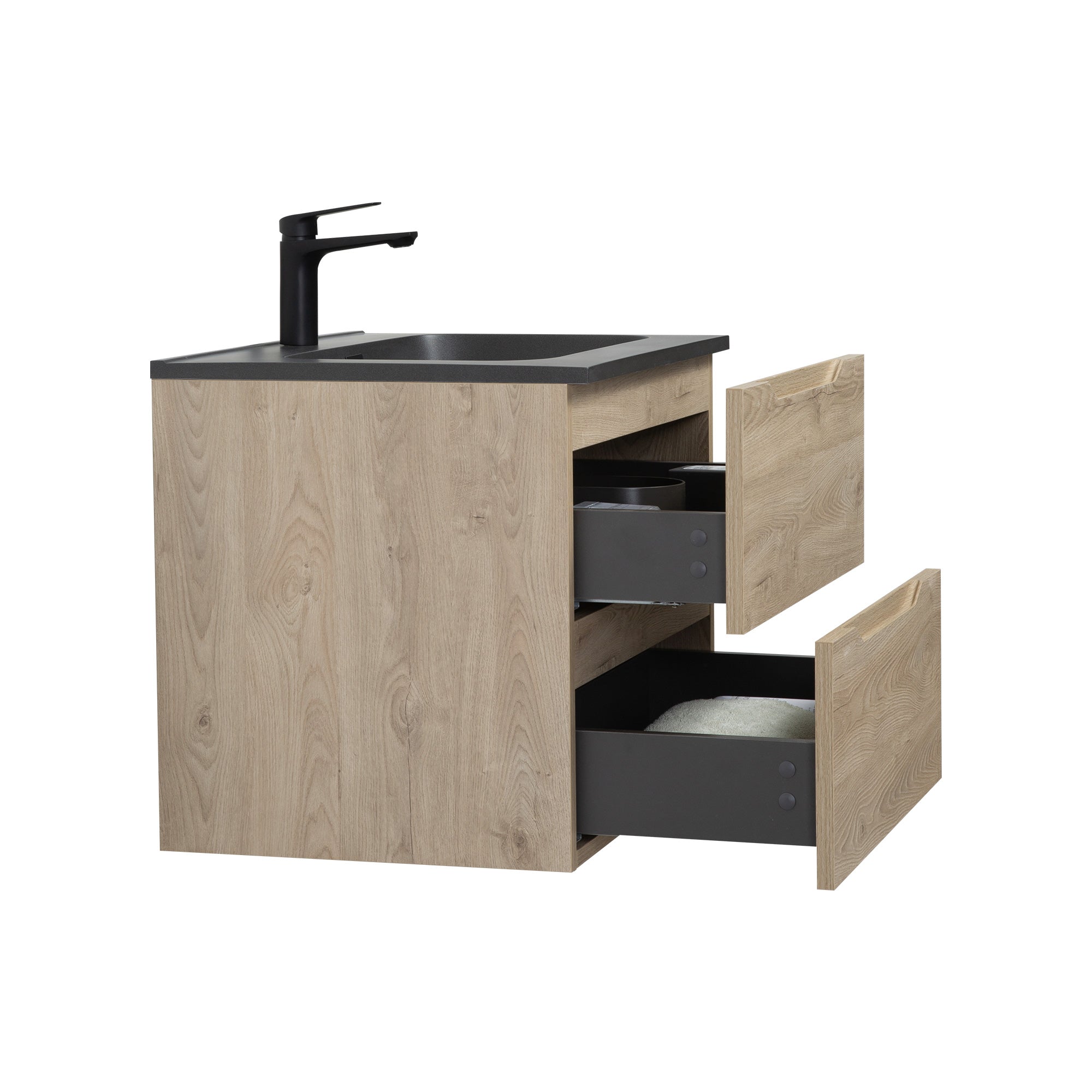 WOODBRIDGE 23-5/8" Wall Mounted Single Basin Vanity – Evita Oak Wood Finish with Black Quartz Sand Composite Top, Floating Design