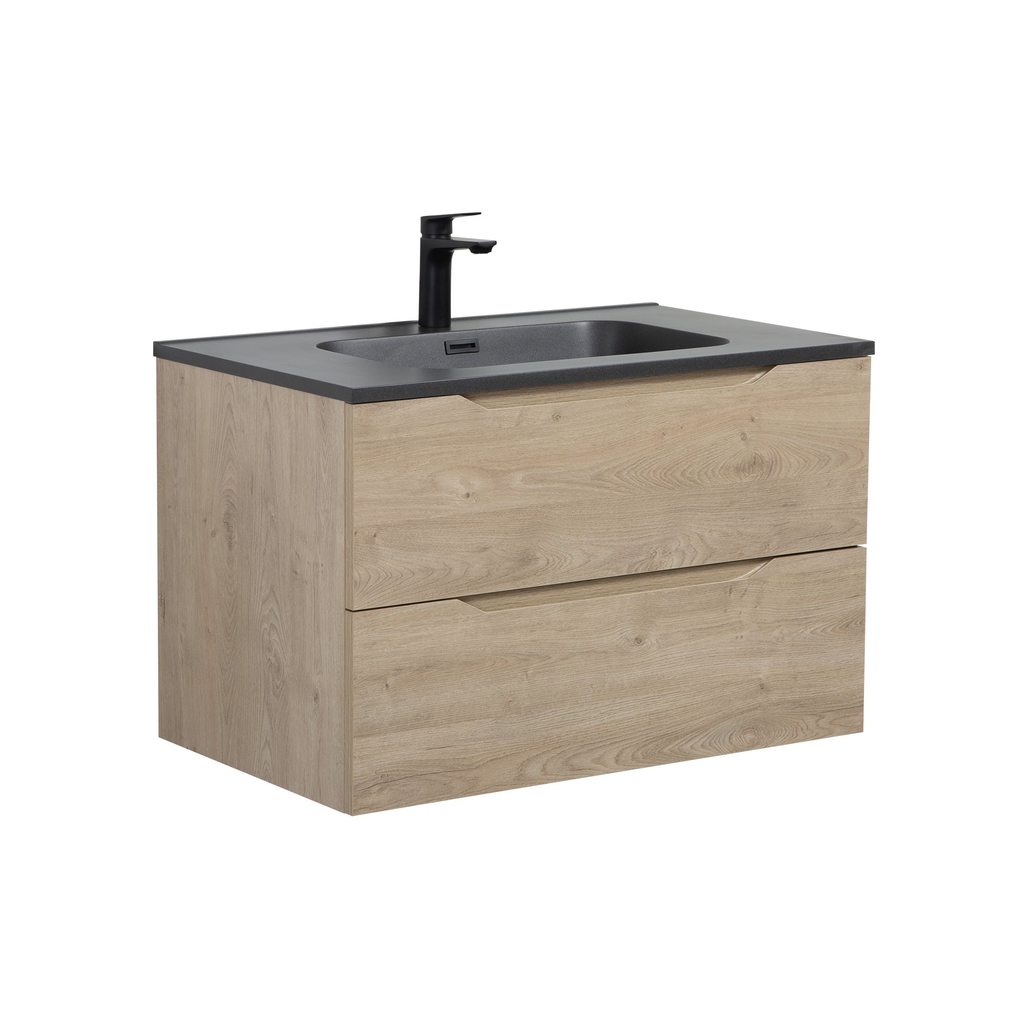 WOODBRIDGE 23-5/8" Wall Mounted Single Basin Vanity – Evita Oak Wood Finish with Black Quartz Sand Composite Top, Floating Design