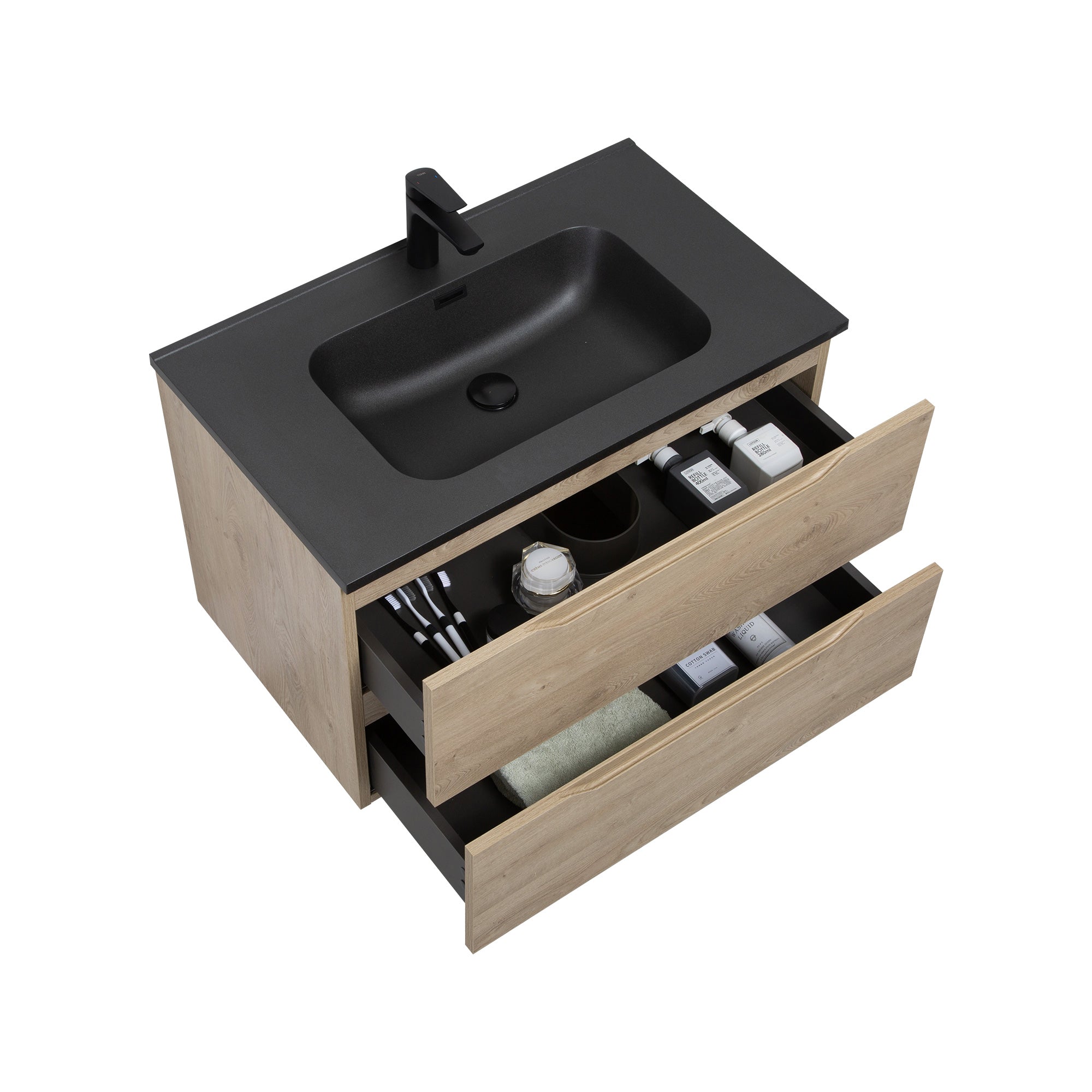 WOODBRIDGE 23-5/8" Wall Mounted Single Basin Vanity – Evita Oak Wood Finish with Black Quartz Sand Composite Top, Floating Design