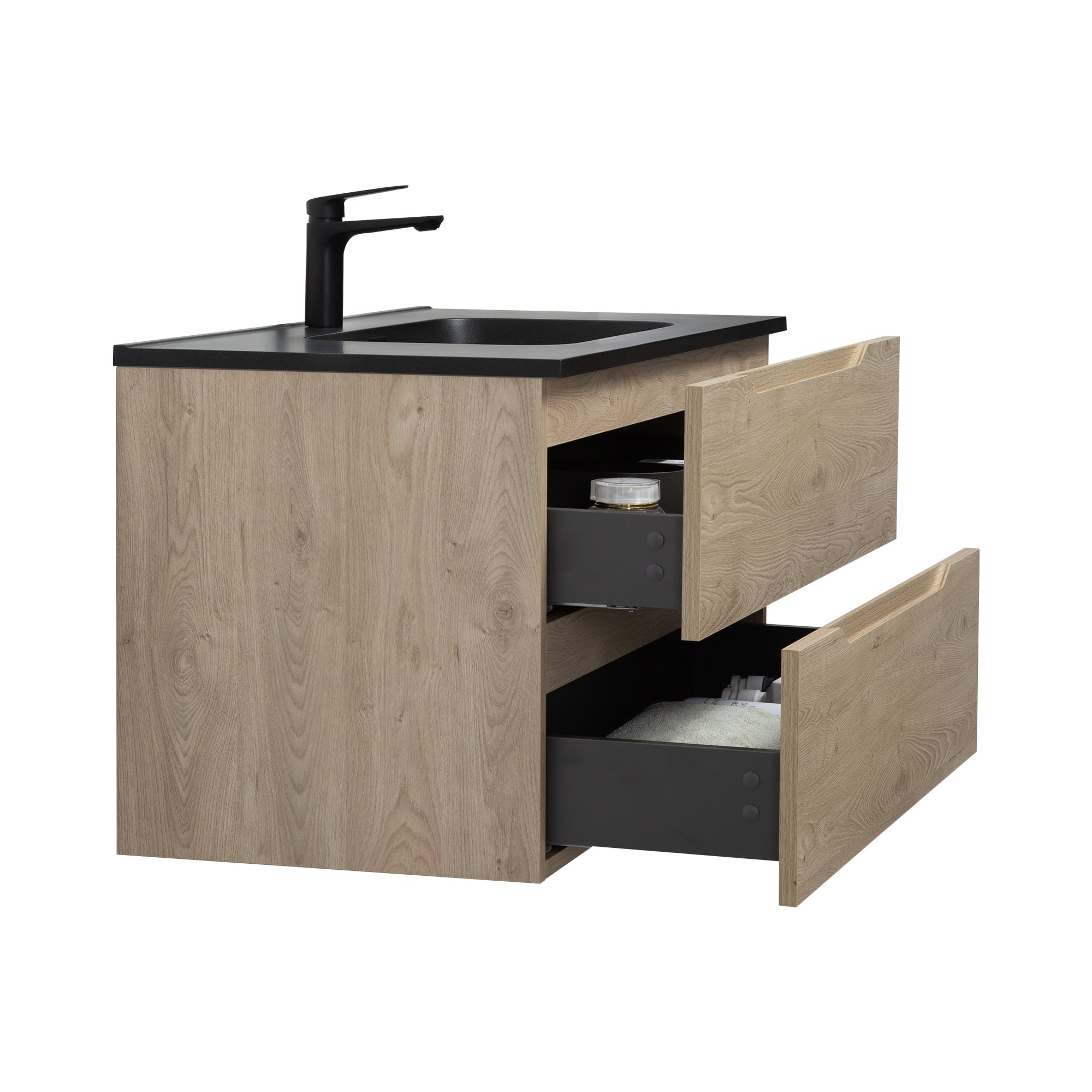 WOODBRIDGE 23-5/8" Wall Mounted Single Basin Vanity – Evita Oak Wood Finish with Black Quartz Sand Composite Top, Floating Design
