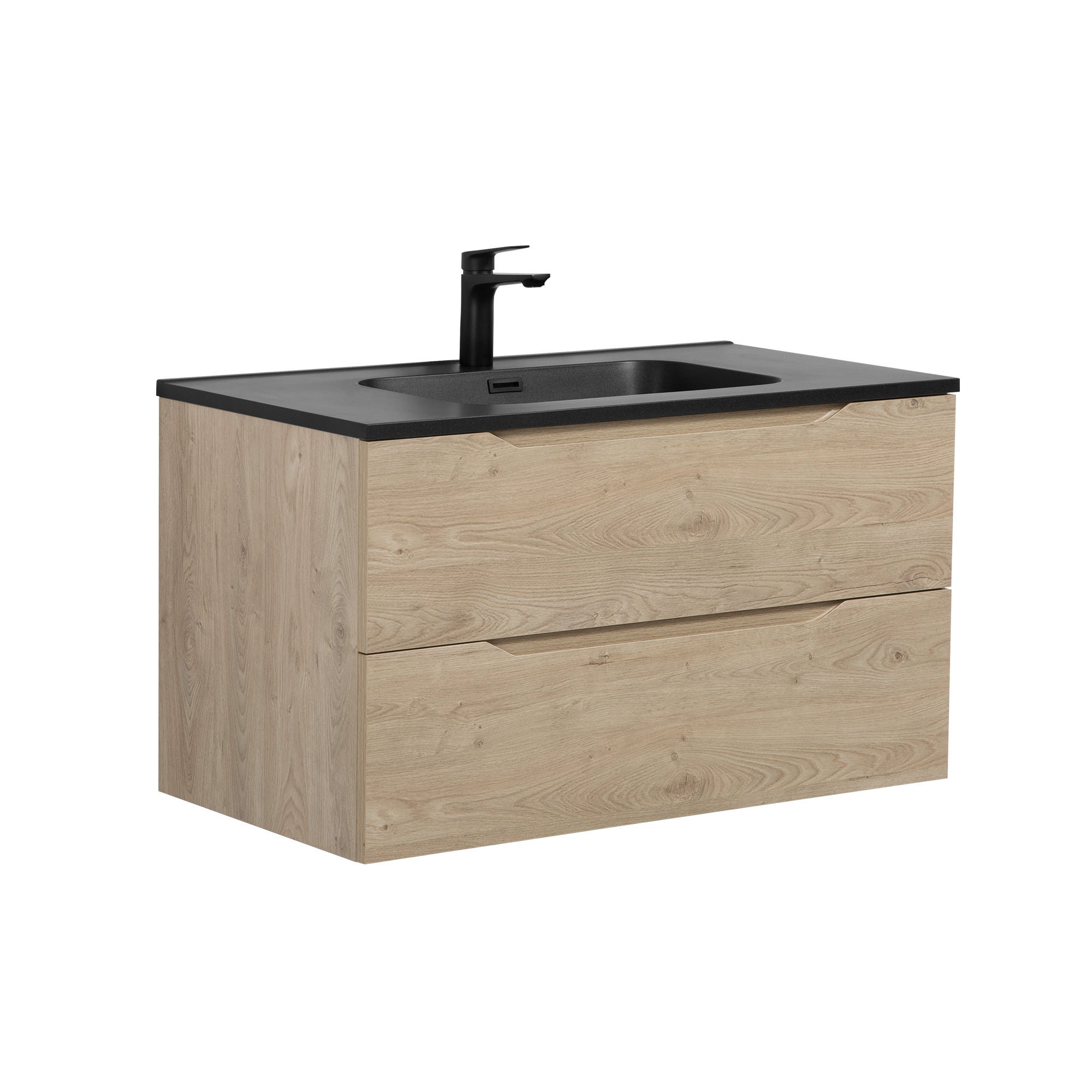 WOODBRIDGE 23-5/8" Wall Mounted Single Basin Vanity – Evita Oak Wood Finish with Black Quartz Sand Composite Top, Floating Design