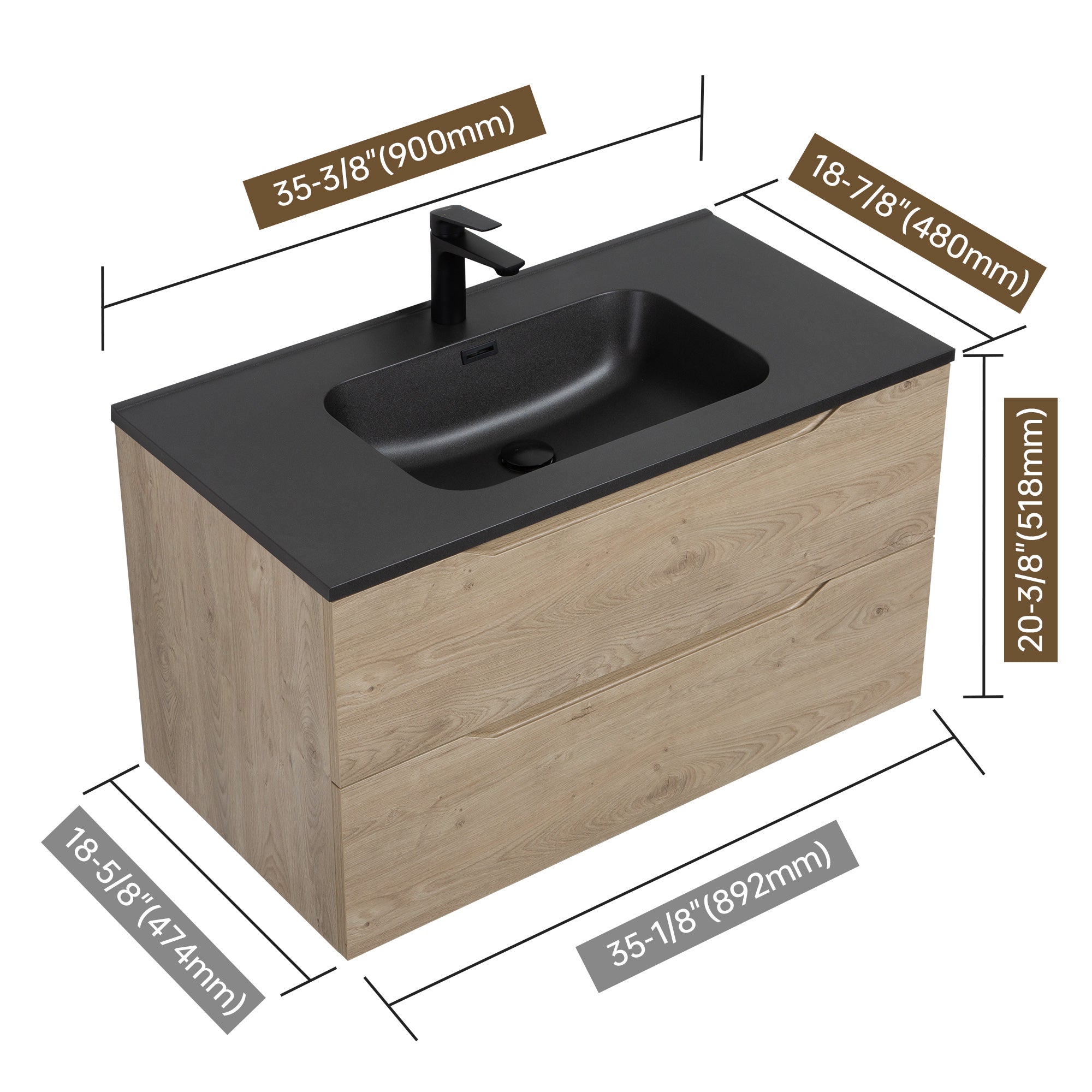 WOODBRIDGE 23-5/8" Wall Mounted Single Basin Vanity – Evita Oak Wood Finish with Black Quartz Sand Composite Top, Floating Design