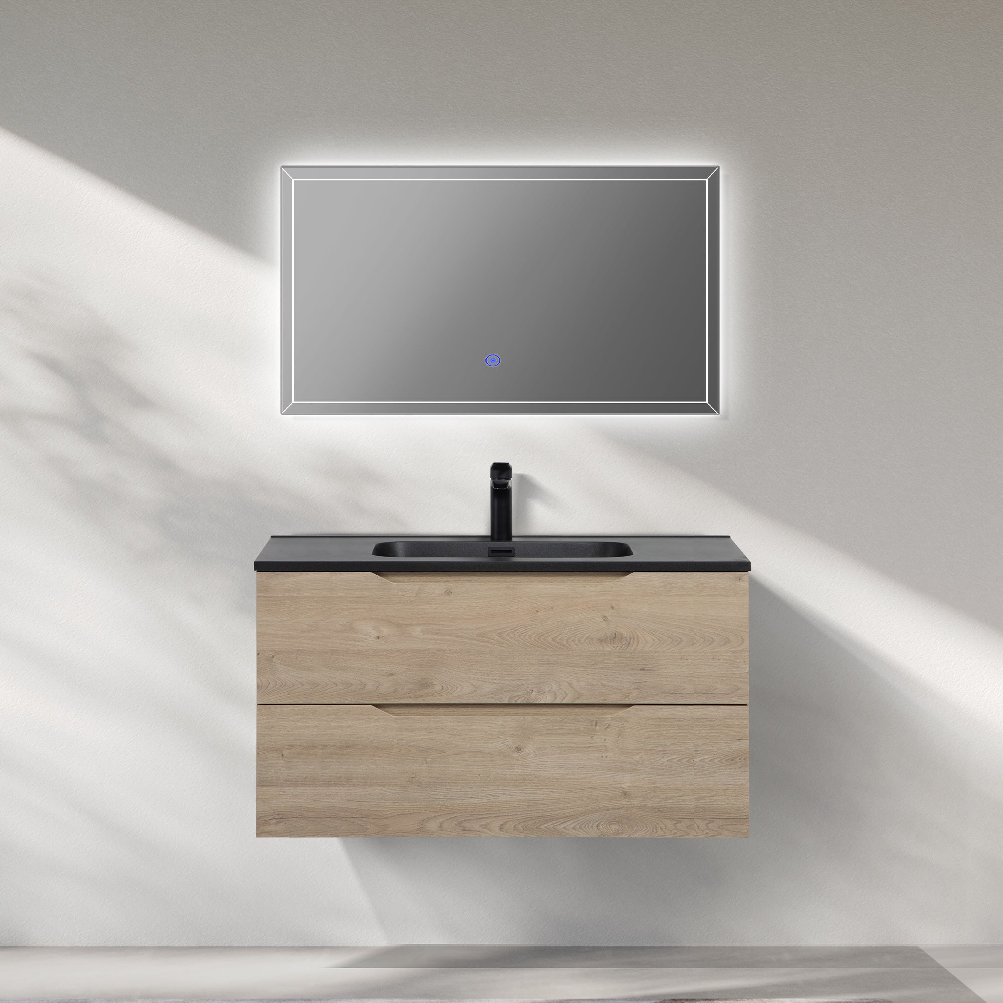 WOODBRIDGE 23-5/8" Wall Mounted Single Basin Vanity – Evita Oak Wood Finish with Black Quartz Sand Composite Top, Floating Design