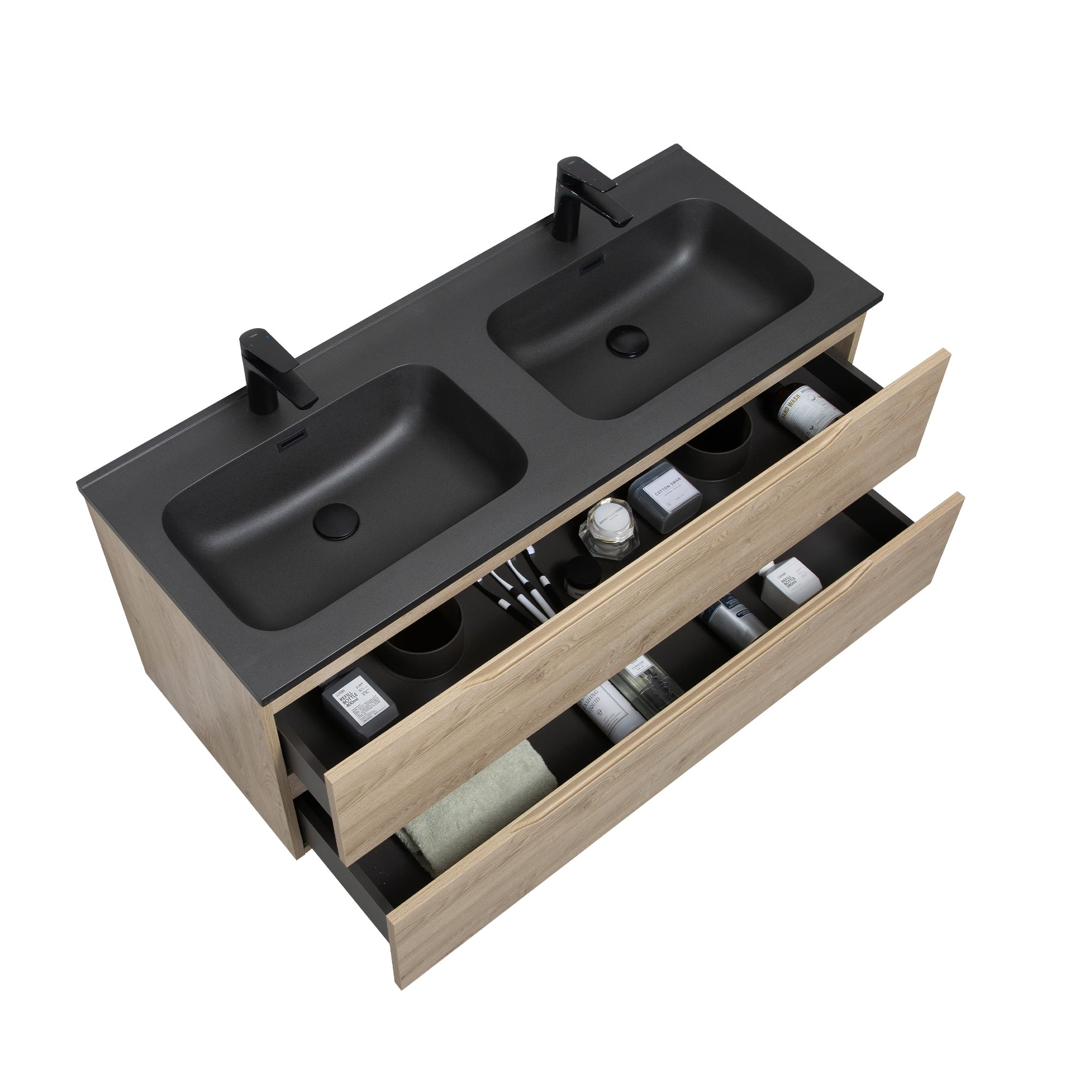WOODBRIDGE 47-1/4" Wall Mounted Double Basin Vanity – Evita Oak Wood Finish with Black Quartz Sand Composite Top, Floating Design