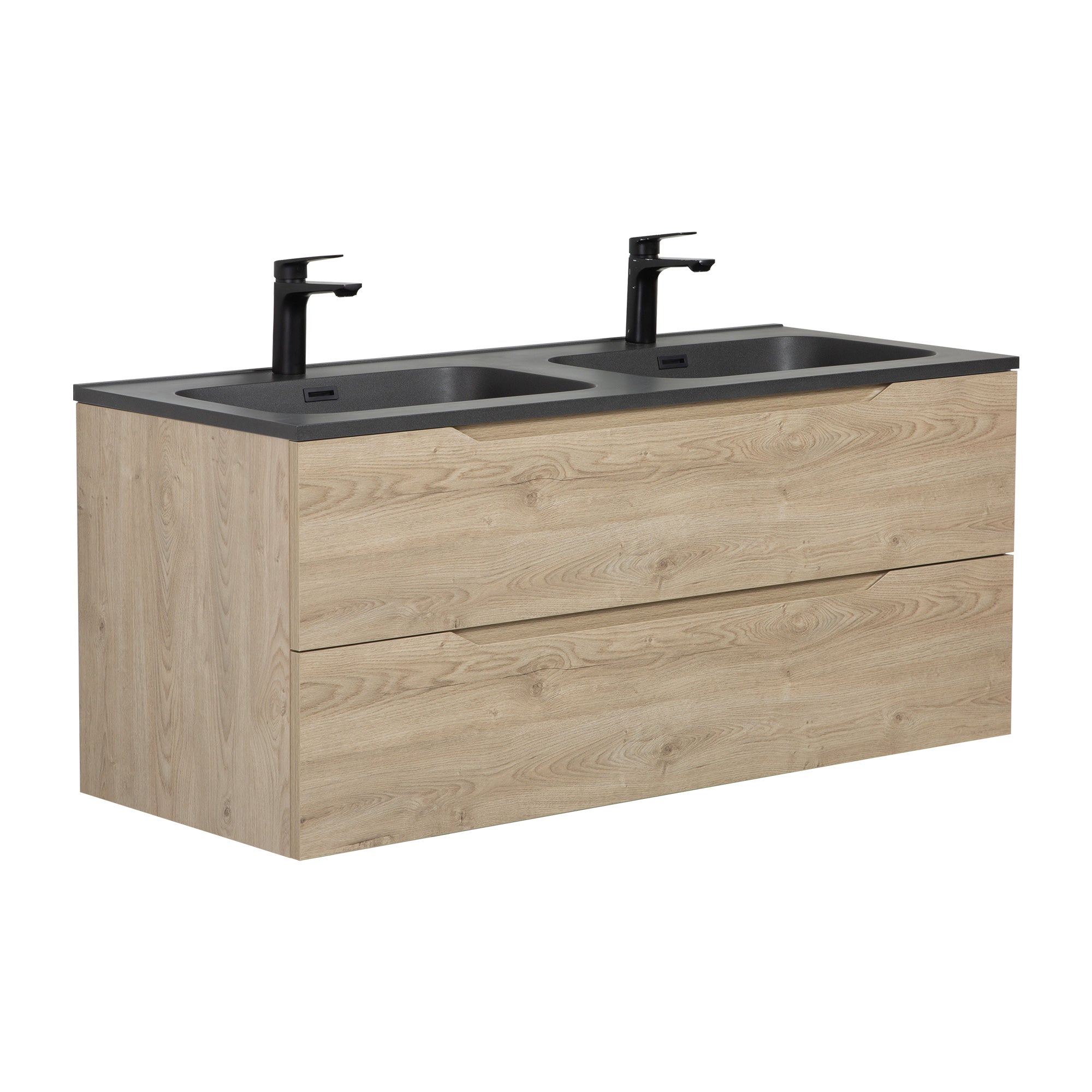 WOODBRIDGE 47-1/4" Wall Mounted Double Basin Vanity – Evita Oak Wood Finish with Black Quartz Sand Composite Top, Floating Design
